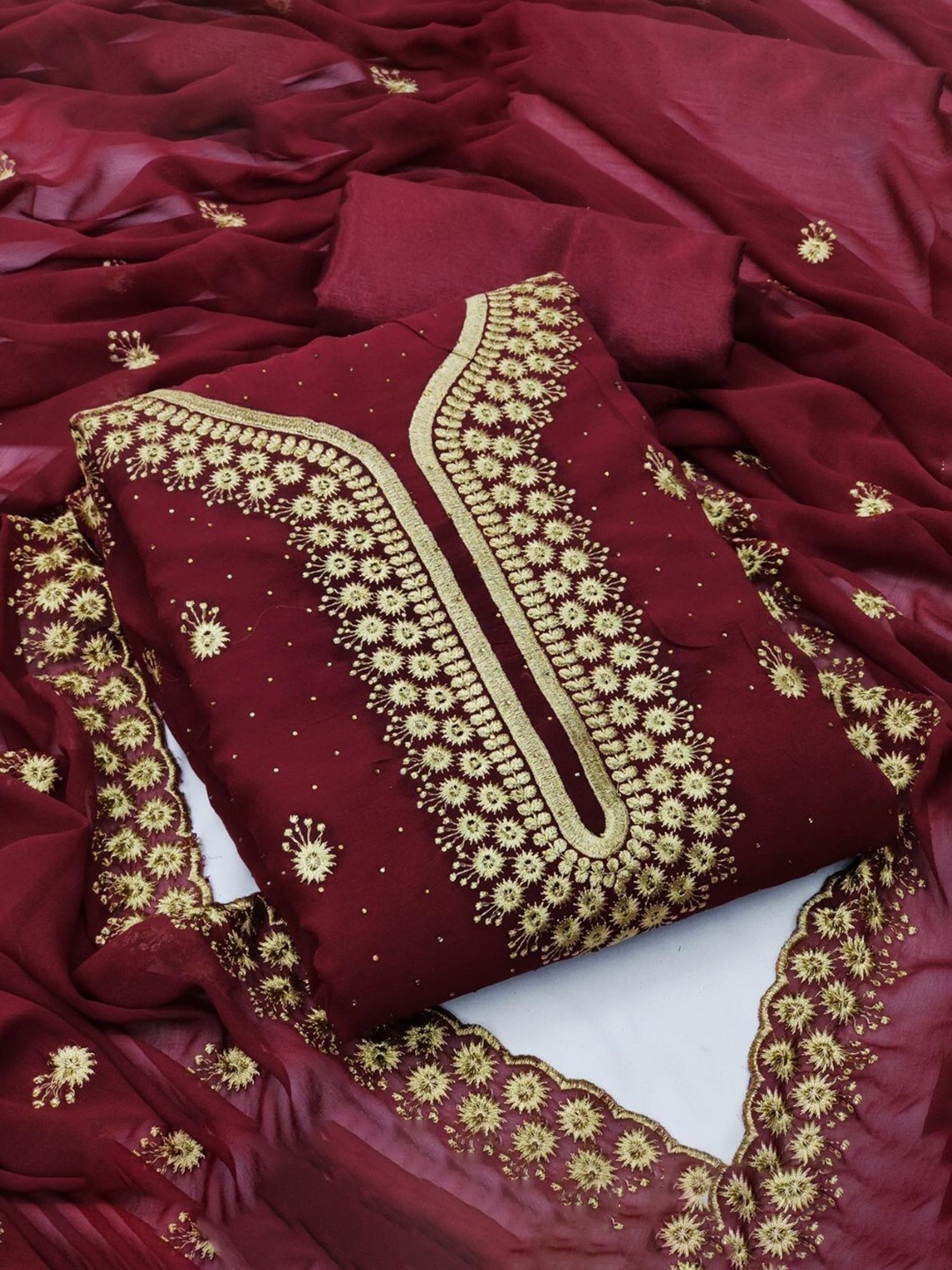 

ZEEPKART Ethnic Motifs Embroidered Unstitched Dress Material, Maroon