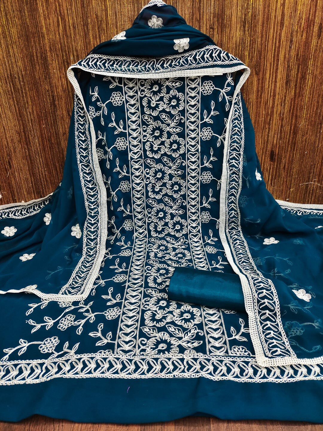 

ZEEPKART Floral Embroidered Unstitched Dress Material, Blue