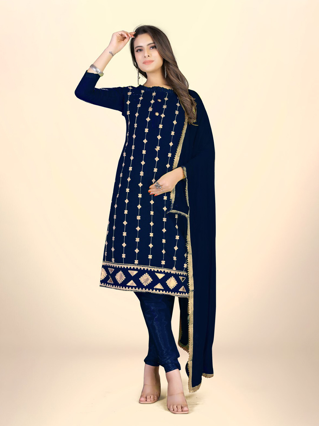 

ZEEPKART Ethnic Motifs Embroidered Mirror Work Unstitched Dress Material, Blue