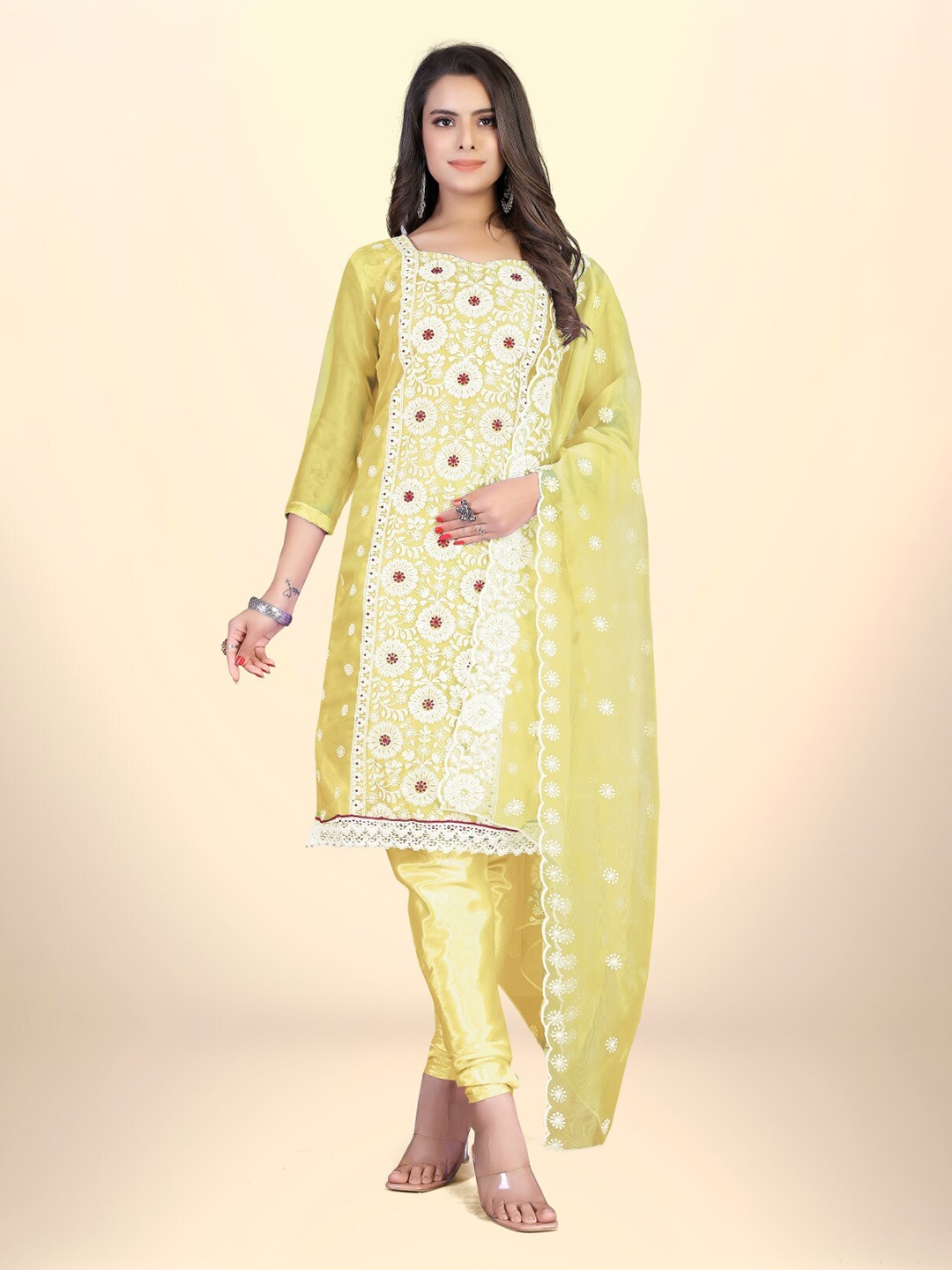 

ZEEPKART Embroidered Organza Unstitched Dress Material, Yellow