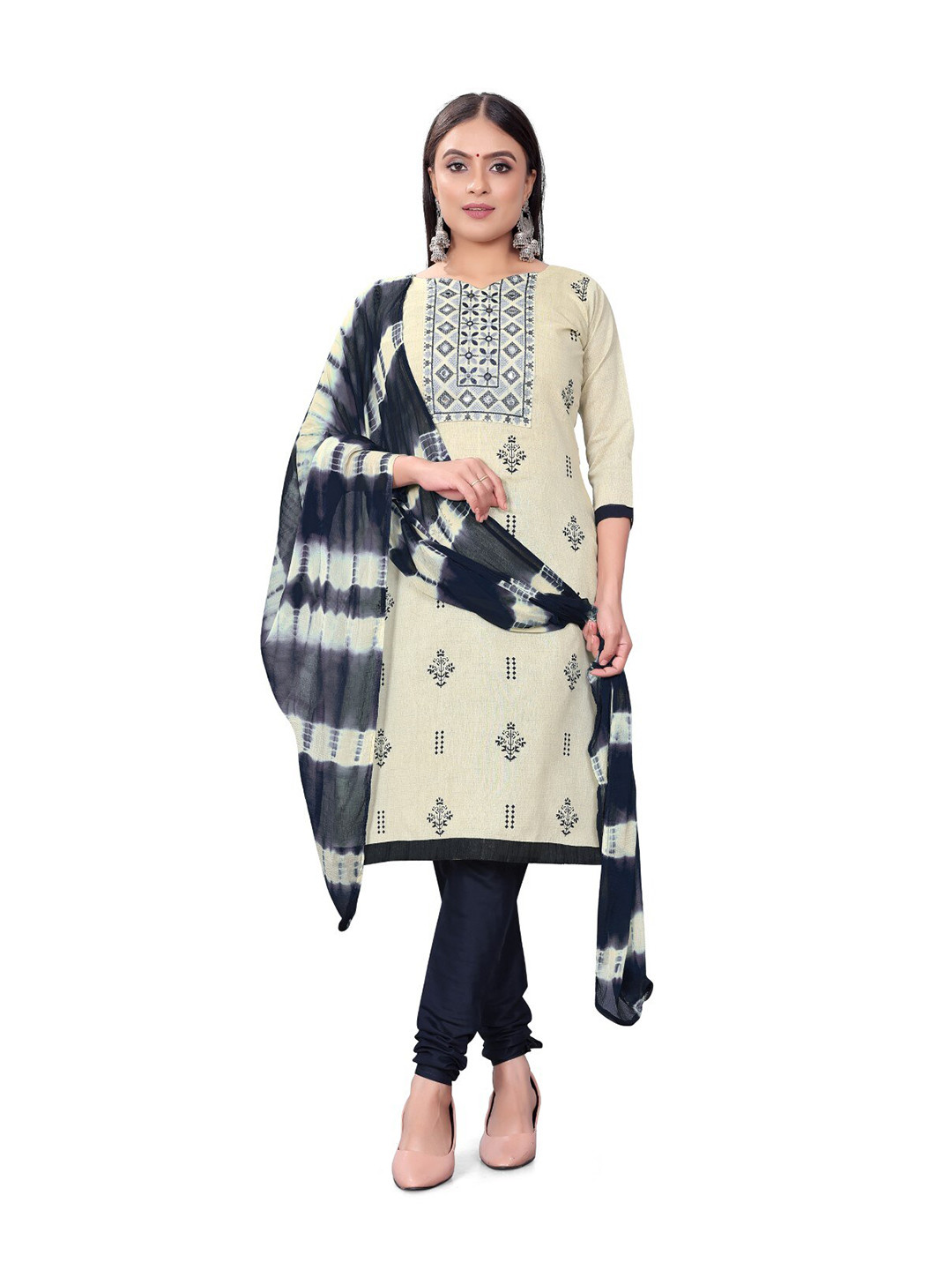 

ZEEPKART Ethnic Motifs Printed Mirror Work Unstitched Dress Material, Blue