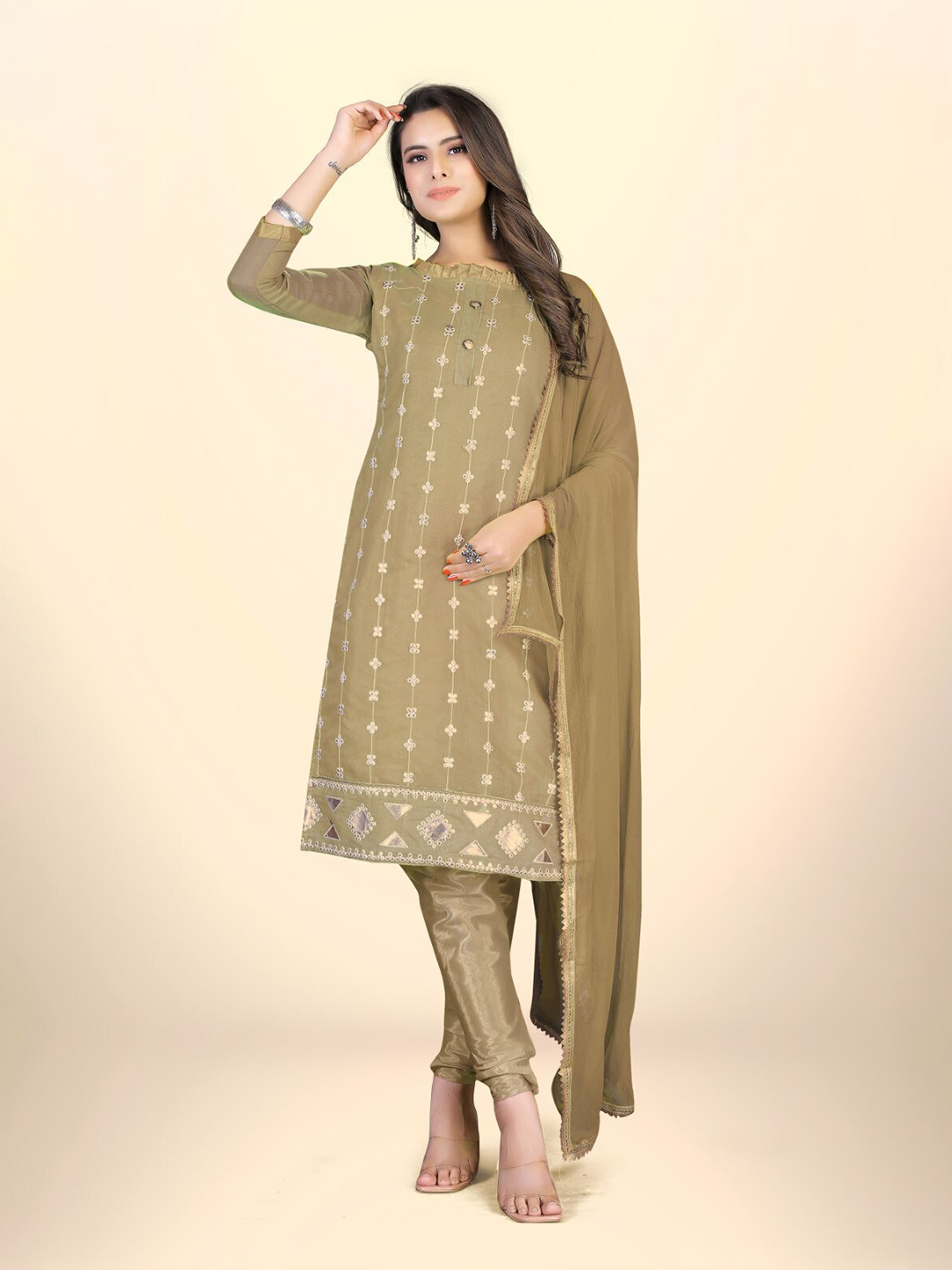 

ZEEPKART Floral Embroidered Unstitched Dress Material, Brown