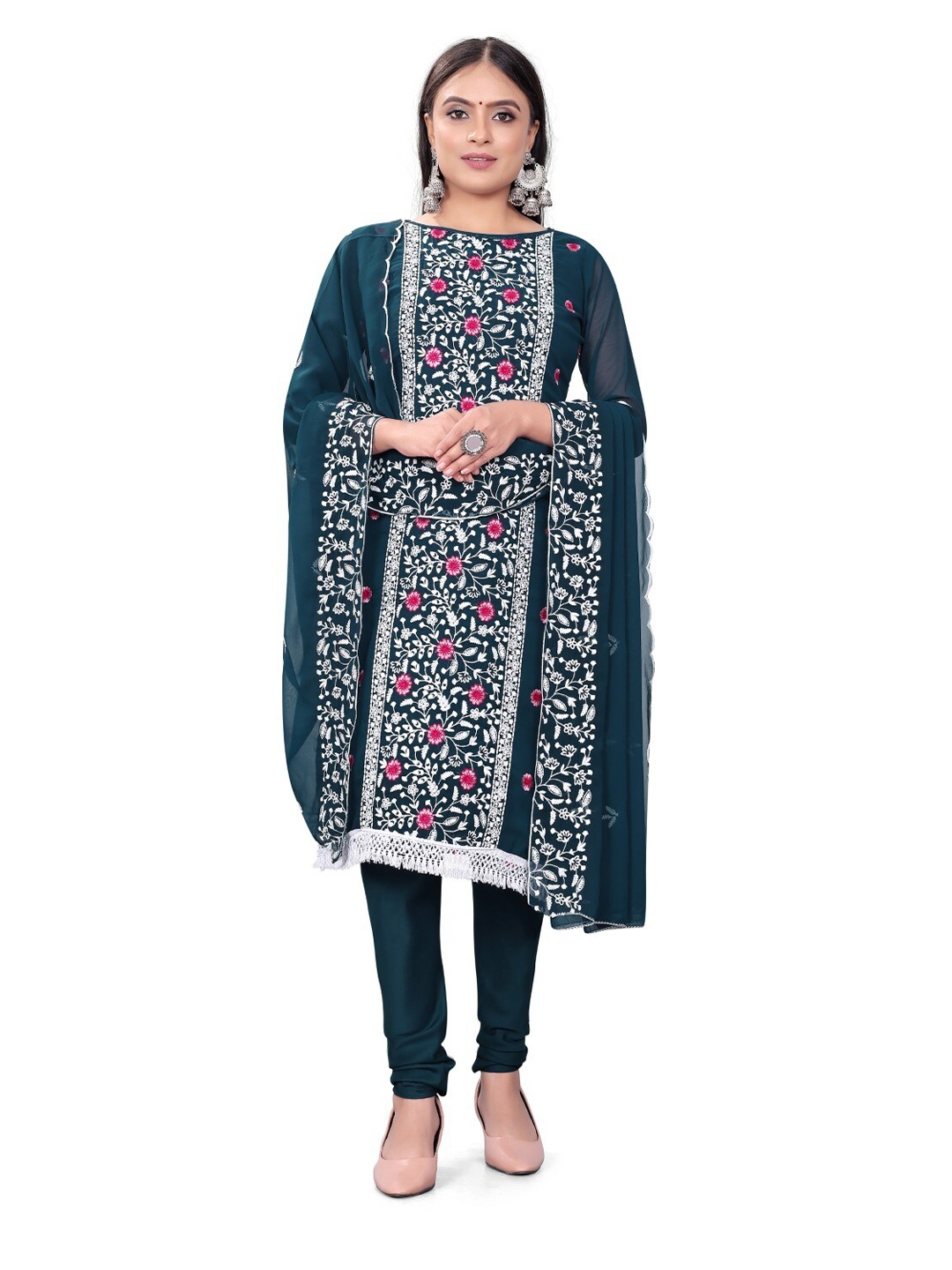 

ZEEPKART Floral Embroidered Unstitched Dress Material, Teal