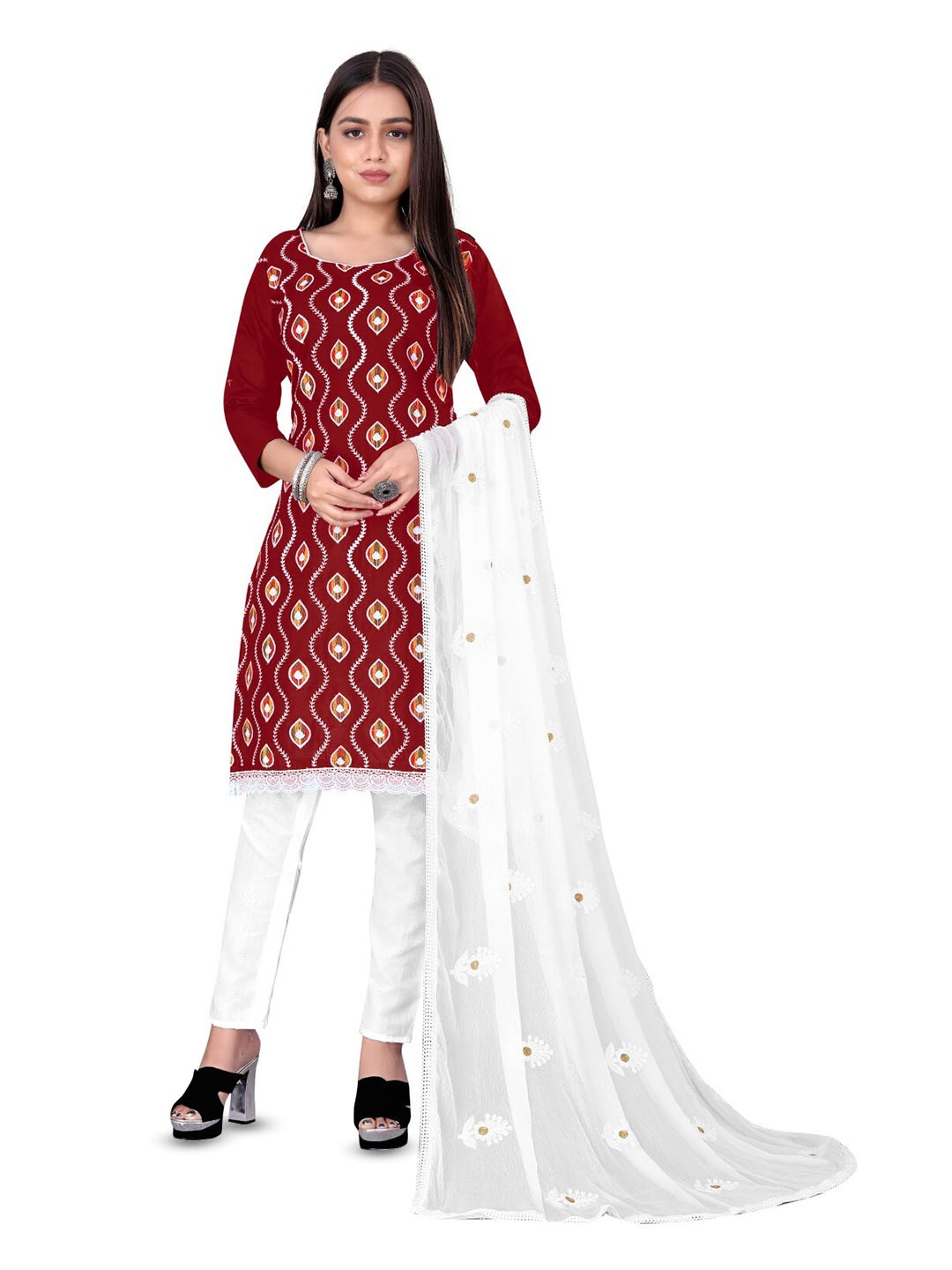 

ZEEPKART Geometric Embroidered Unstitched Dress Material, Maroon