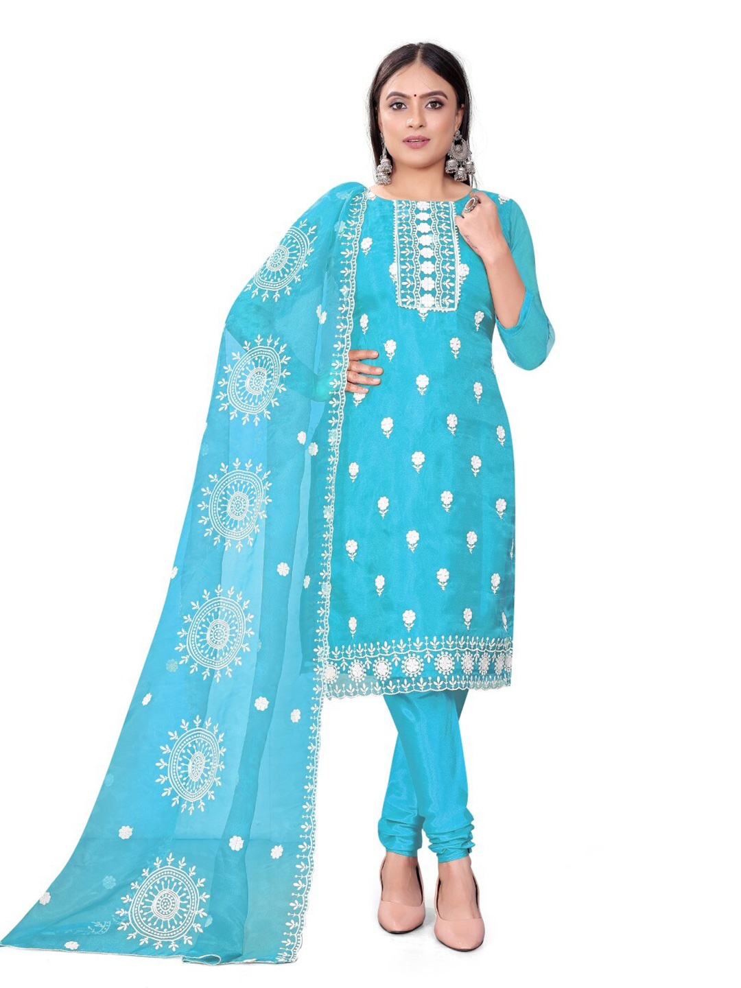

ZEEPKART Ethnic Motifs Embroidered Thread Work Organza Unstitched Dress Material, Blue