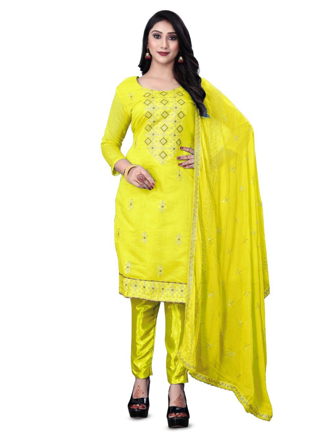 

ZEEPKART Embroidered Unstitched Dress Material, Yellow