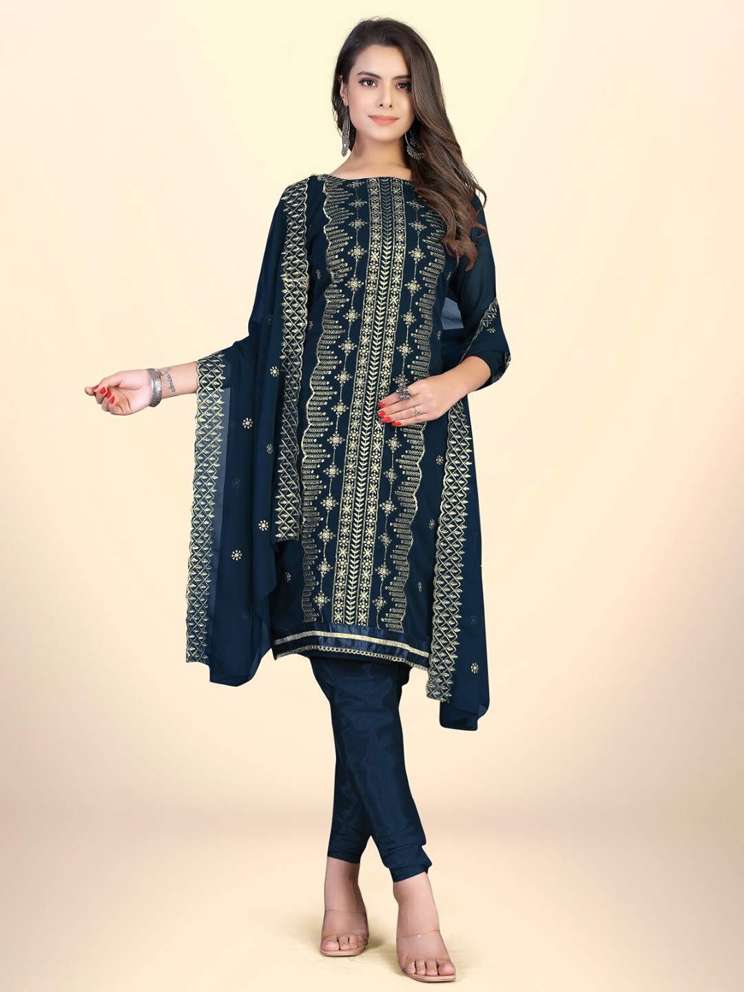 

ZEEPKART Ethnic Motifs Embroidered Beads & Stones Unstitched Dress Material, Blue