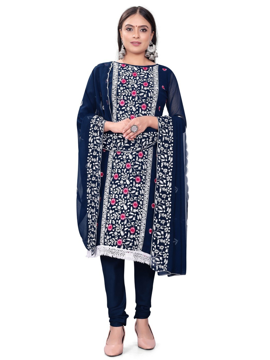 

ZEEPKART Floral Embroidered Unstitched Dress Material, Blue