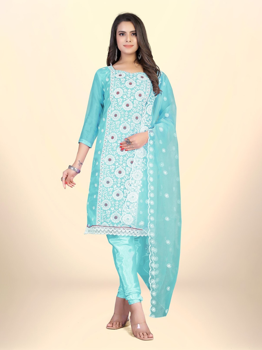 

ZEEPKART Embroidered Organza Unstitched Dress Material, Blue