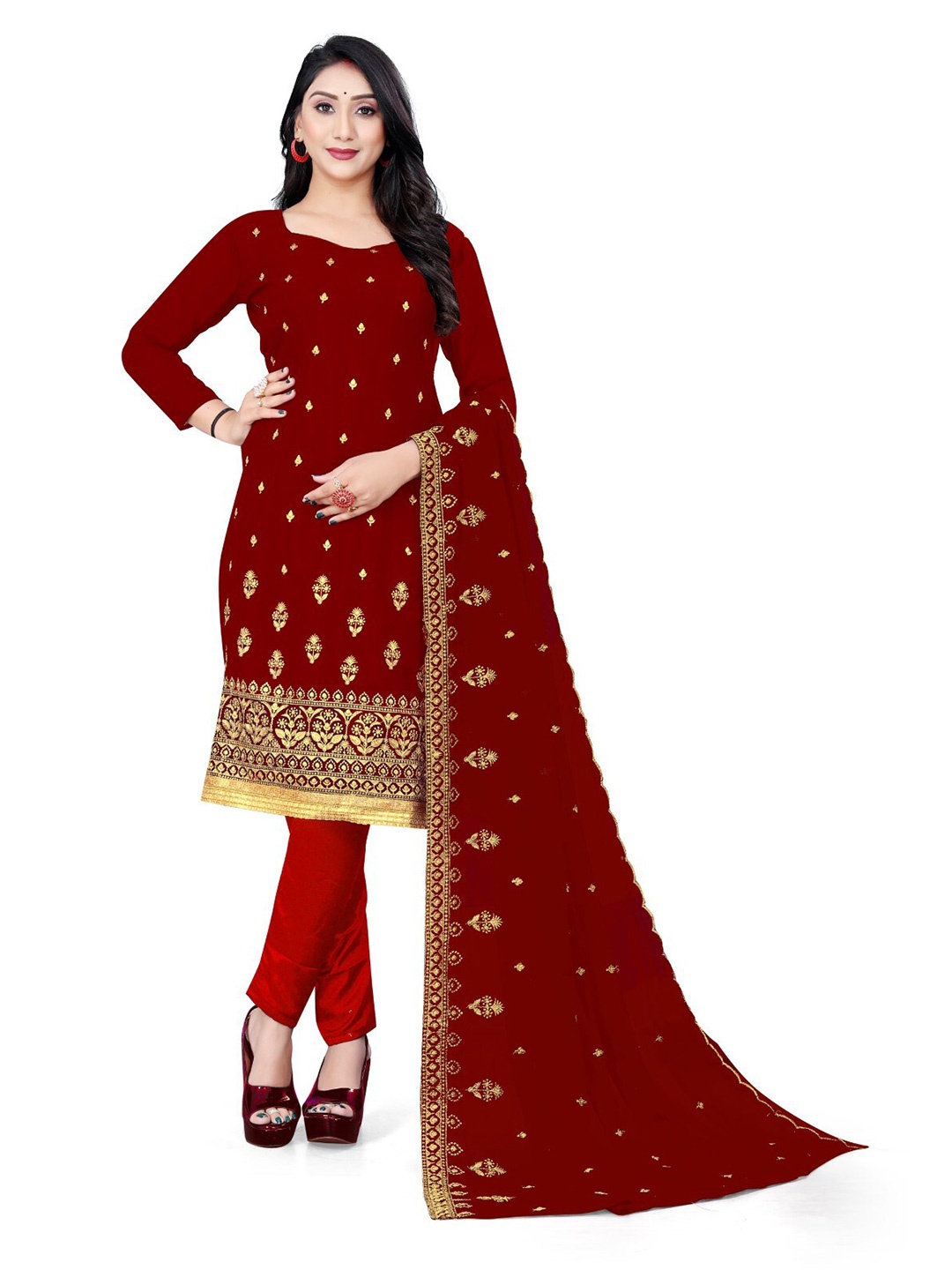 

ZEEPKART Embroidered Unstitched Dress Material, Maroon