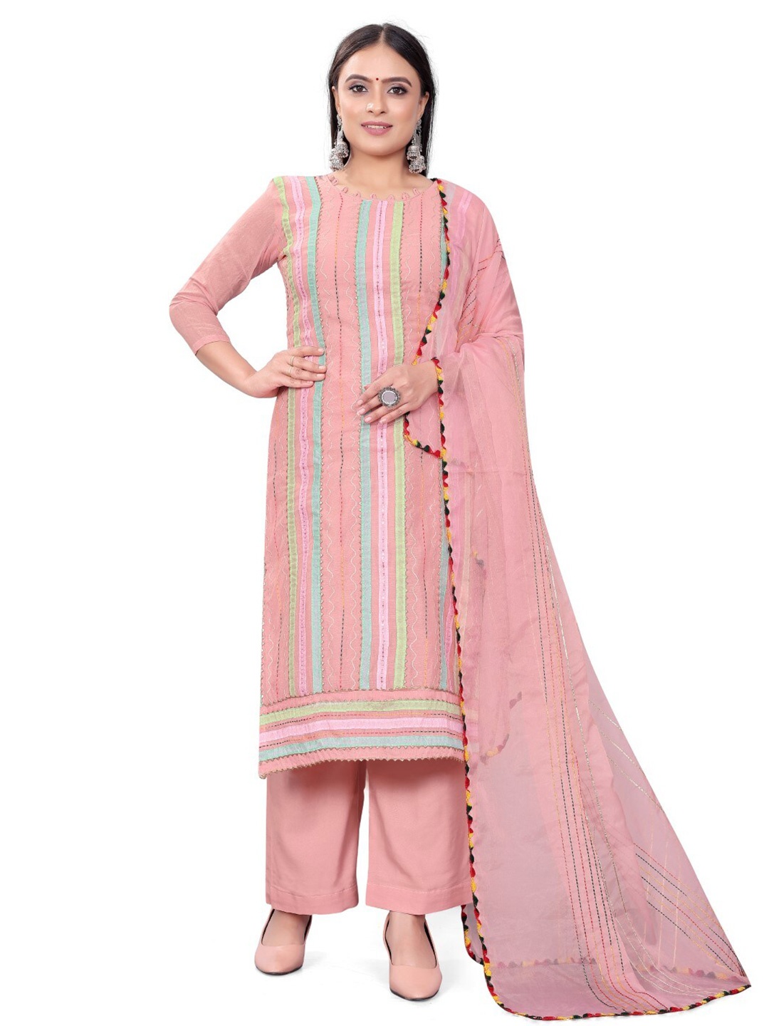 

ZEEPKART Striped Woven Design Gotta Patti Unstitched Dress Material, Pink