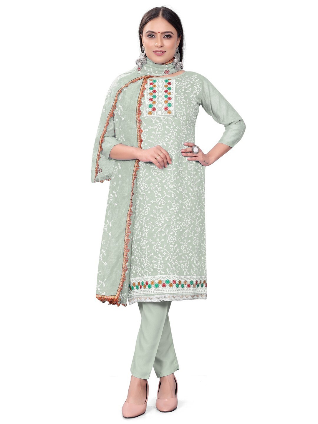 

ZEEPKART Ethnic Motifs Embroidered Thread Work Unstitched Dress Material, Green