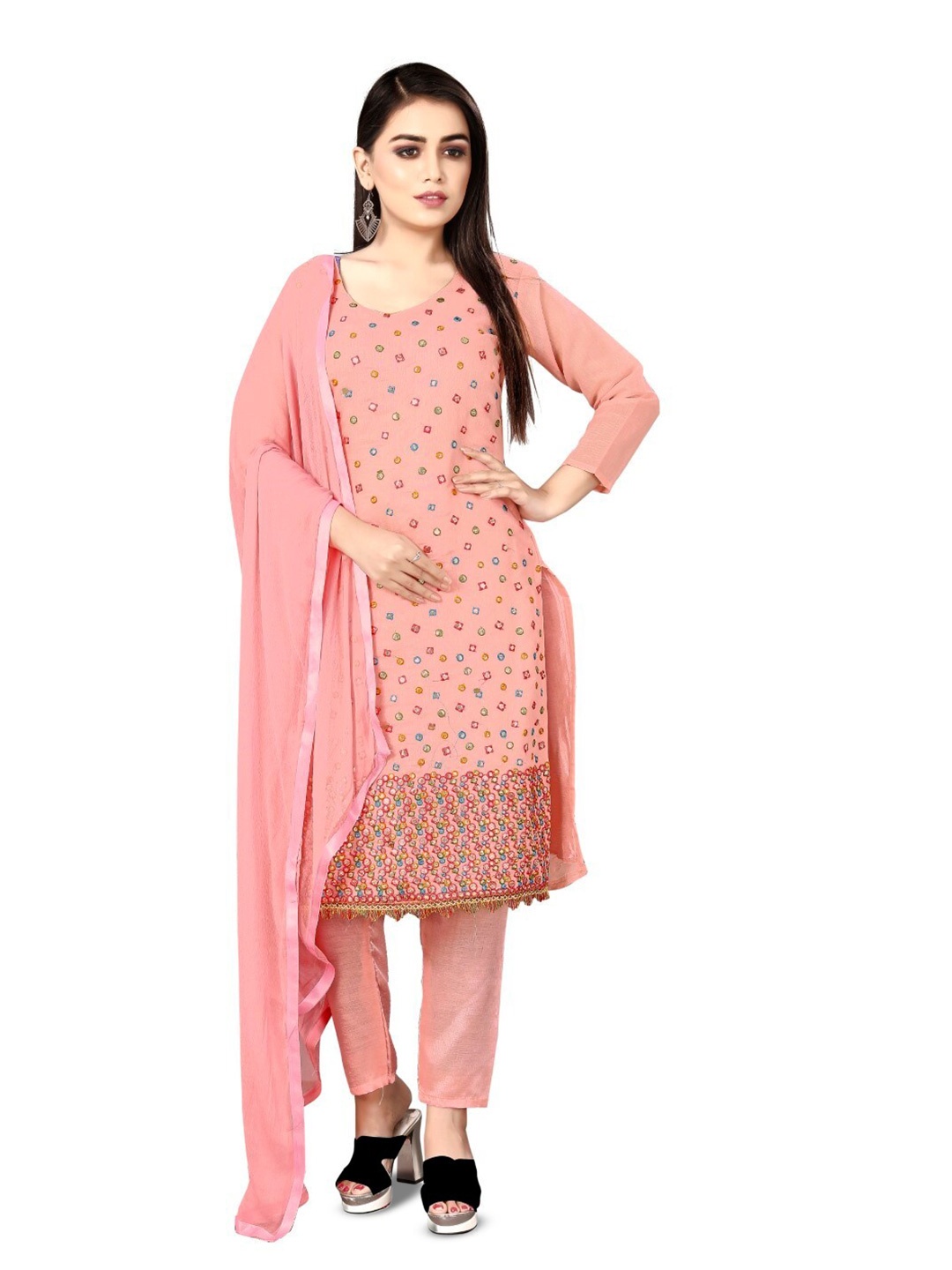 

ZEEPKART Floral Embroidered Mirror Work Unstitched Dress Material, Pink