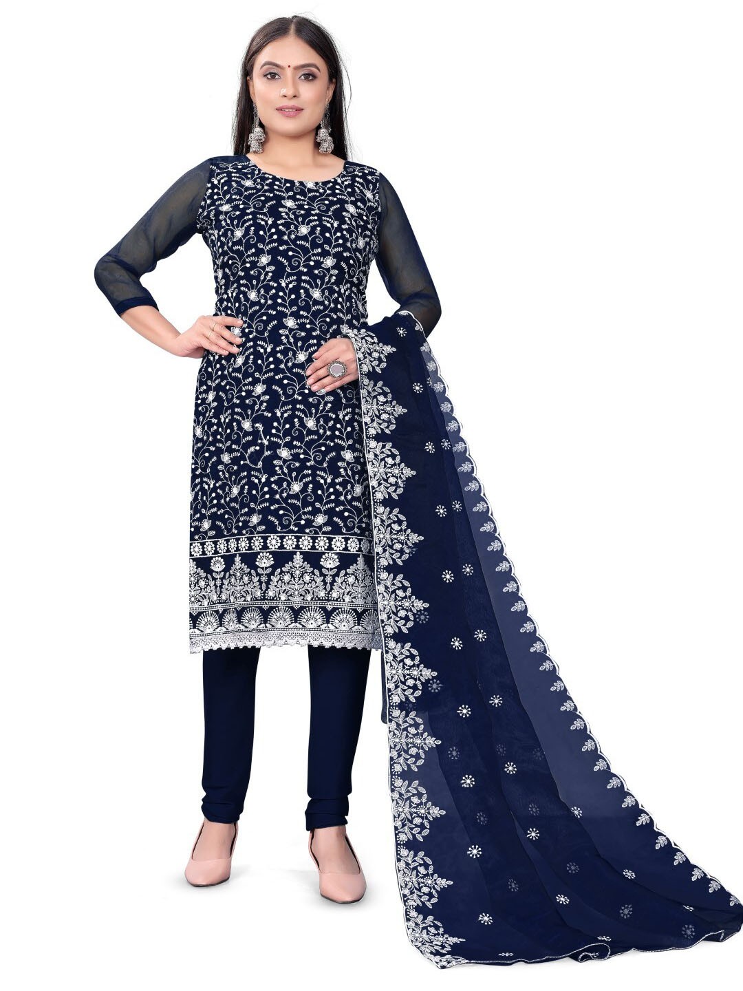 

ZEEPKART Embroidered Organza Unstitched Dress Material, Blue