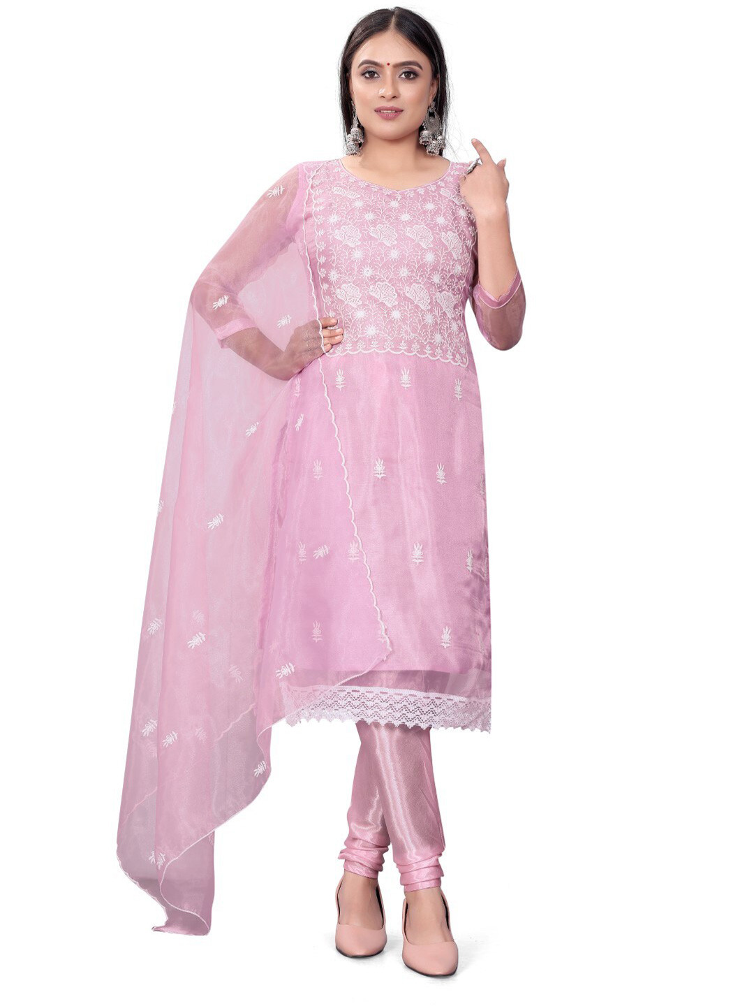 

ZEEPKART Organza Unstitched Dress Material, Pink
