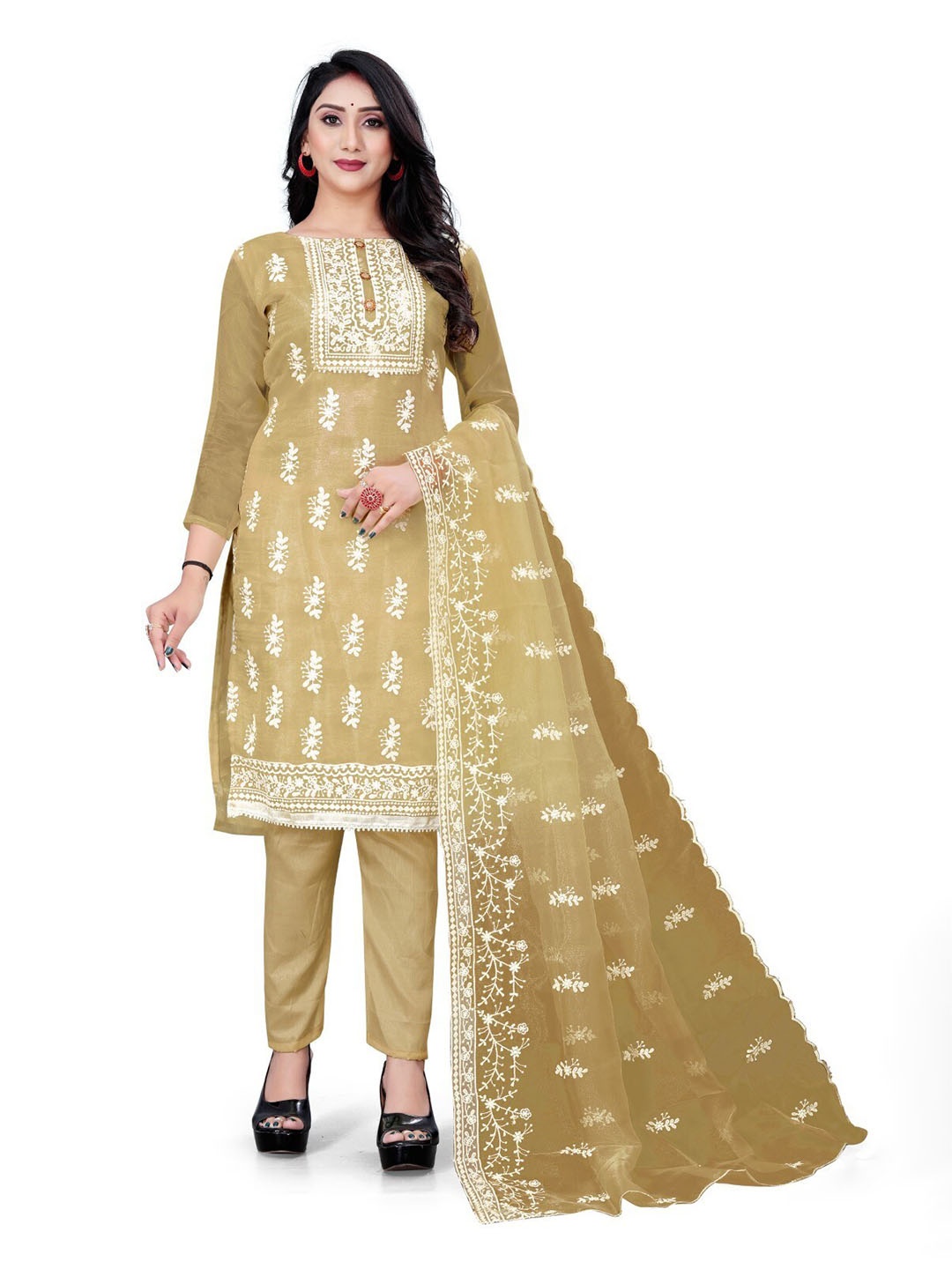 

ZEEPKART Embroidered Organza Unstitched Dress Material, Beige
