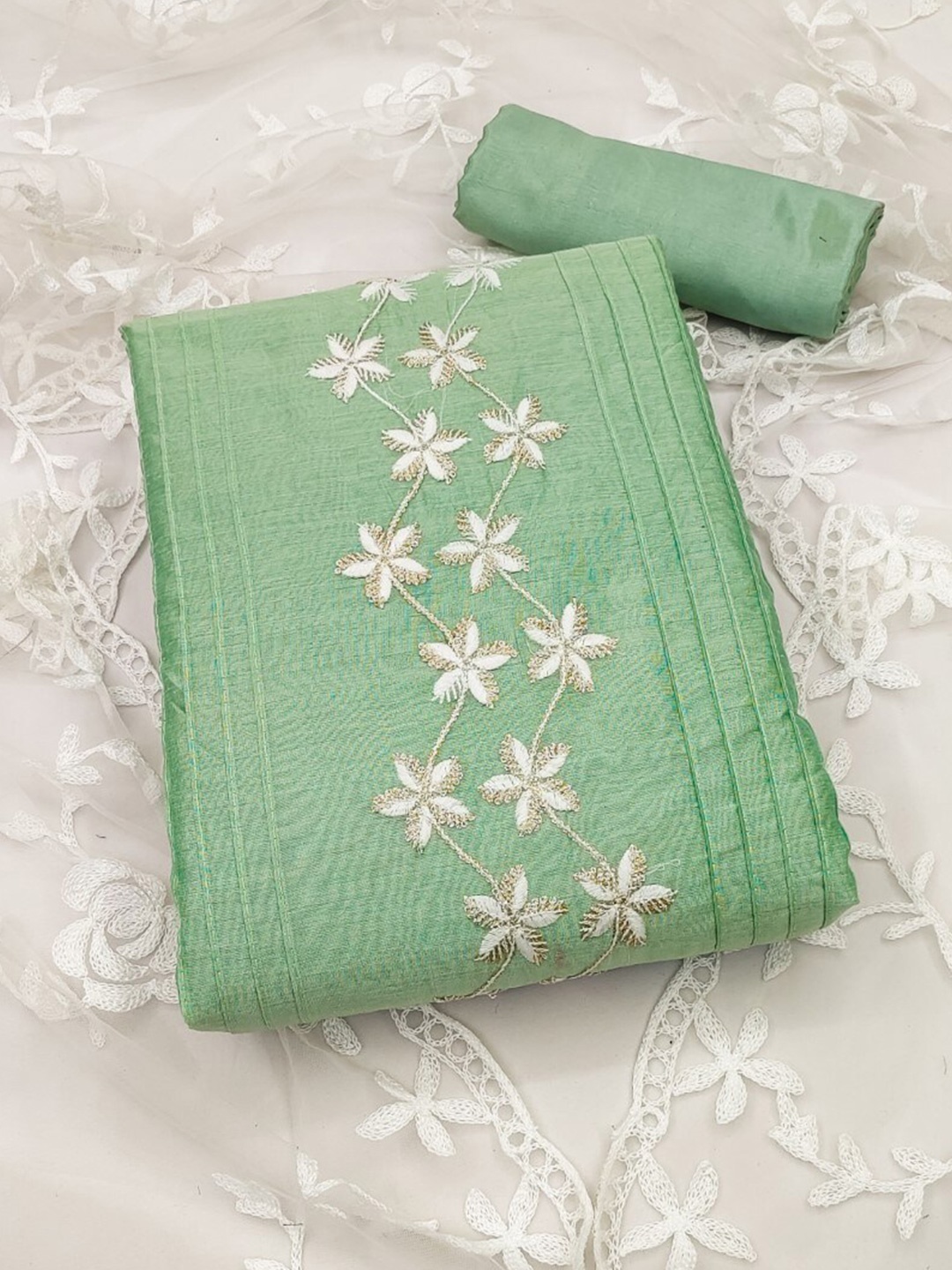 

ZEEPKART Ethnic Motifs Embroidered Thread Work Unstitched Dress Material, Green