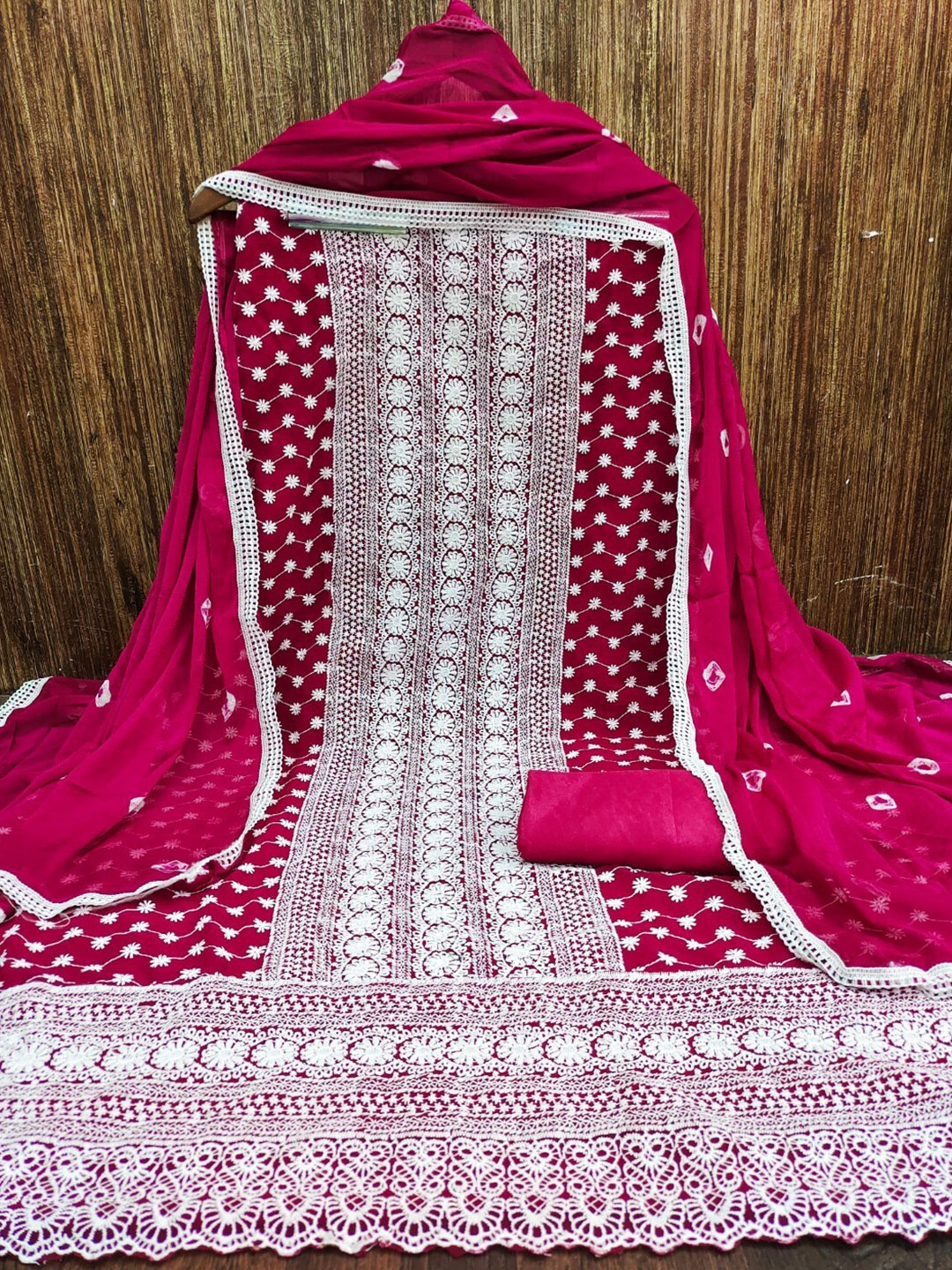 

ZEEPKART Ethnic Motifs Embroidered Thread Work Unstitched Dress Material, Pink