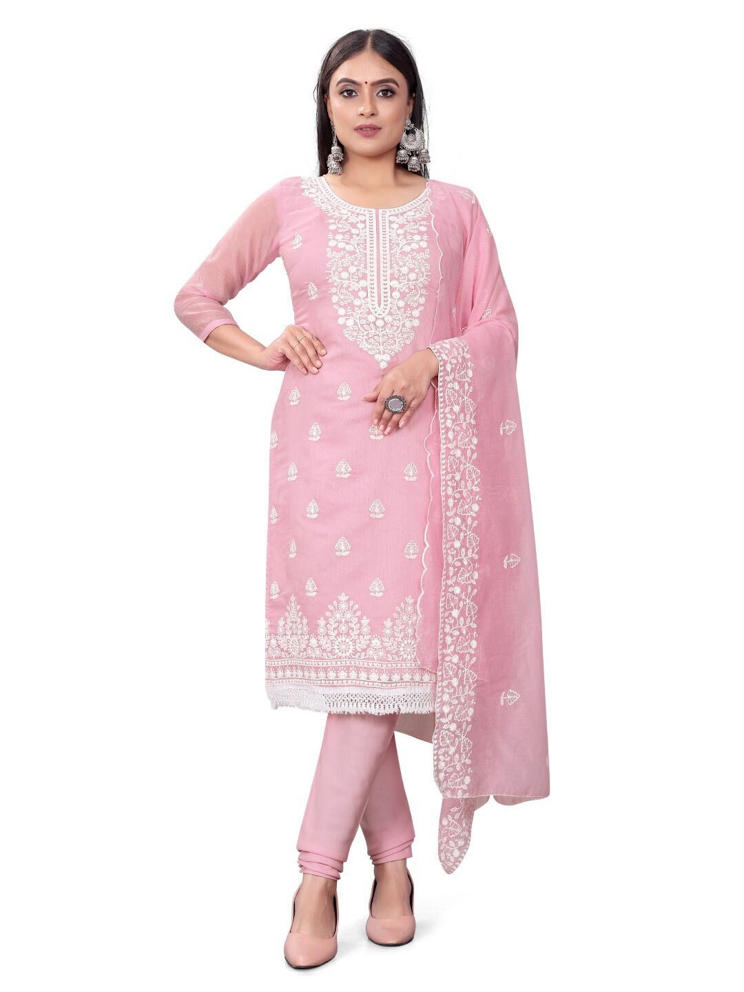 

ZEEPKART Ethnic Motifs Embroidered Unstitched Dress Material, Pink