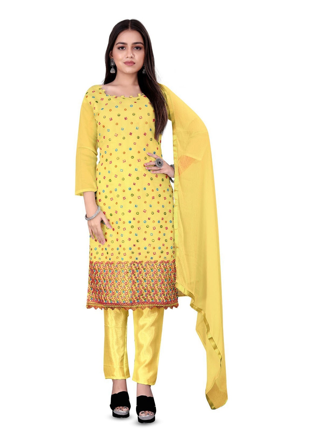 

ZEEPKART Embroidered Mirror Work Unstitched Dress Material, Yellow