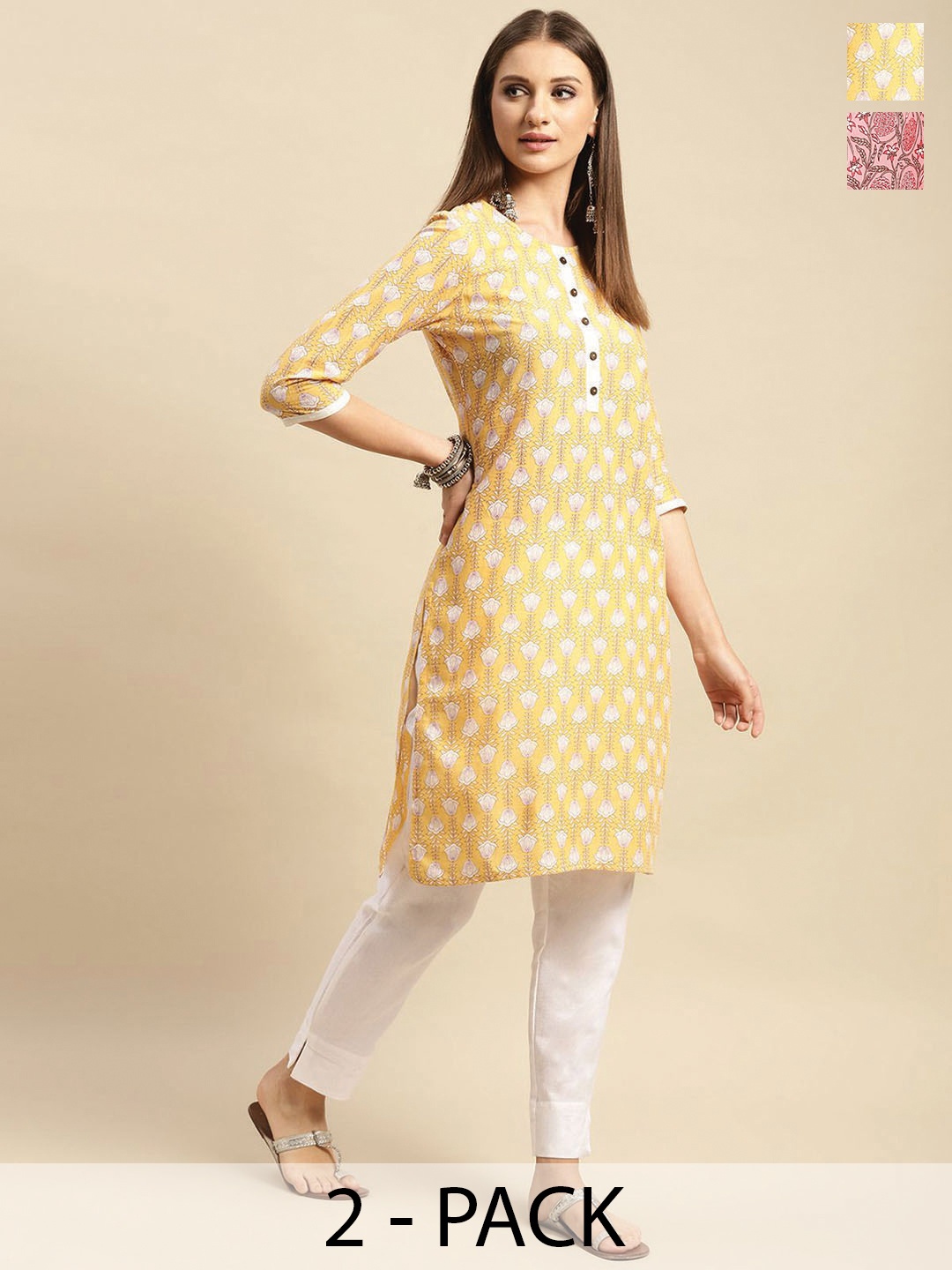 

Rangita Selection of 2 Floral Printed Round Neck Straight Cotton Kurta, Yellow