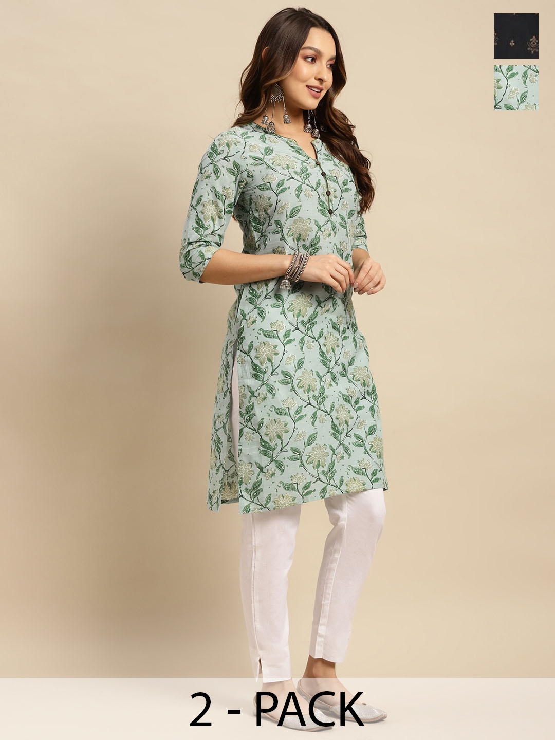 

Rangita Pack of 2 Floral Printed Three-Quarter Sleeves Kurtas, Black