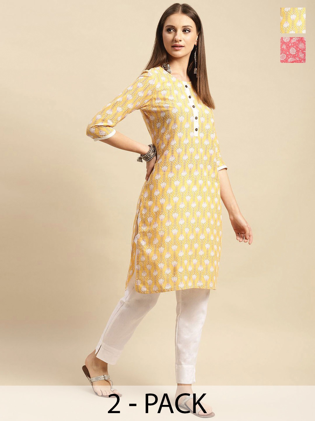 

Rangita Ethnic Motifs Printed Round Neck Pure Cotton Straight Kurtri, Yellow