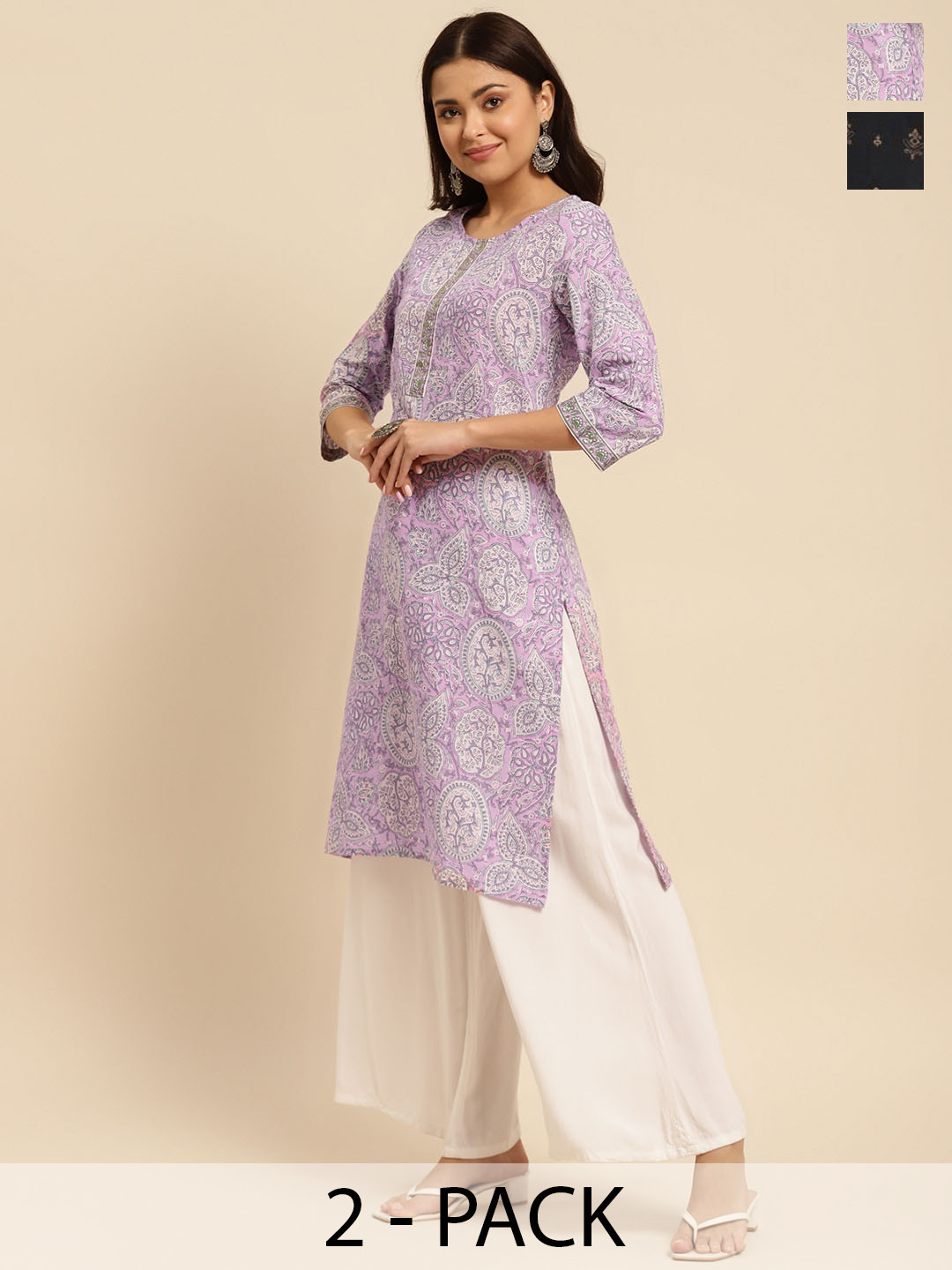 

Rangita Floral Printed Three-Quarter Sleeves Regular Sleeves Cotton Kurtri, Black