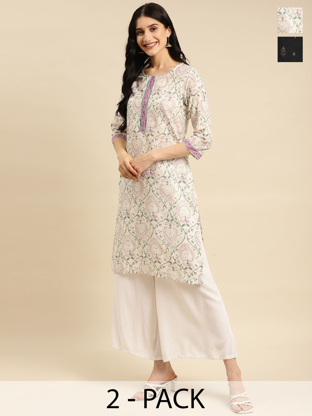 

Rangita Pack Of 2 Ethnic Motifs Printed Notch Neck Straight Cotton Kurta, Black