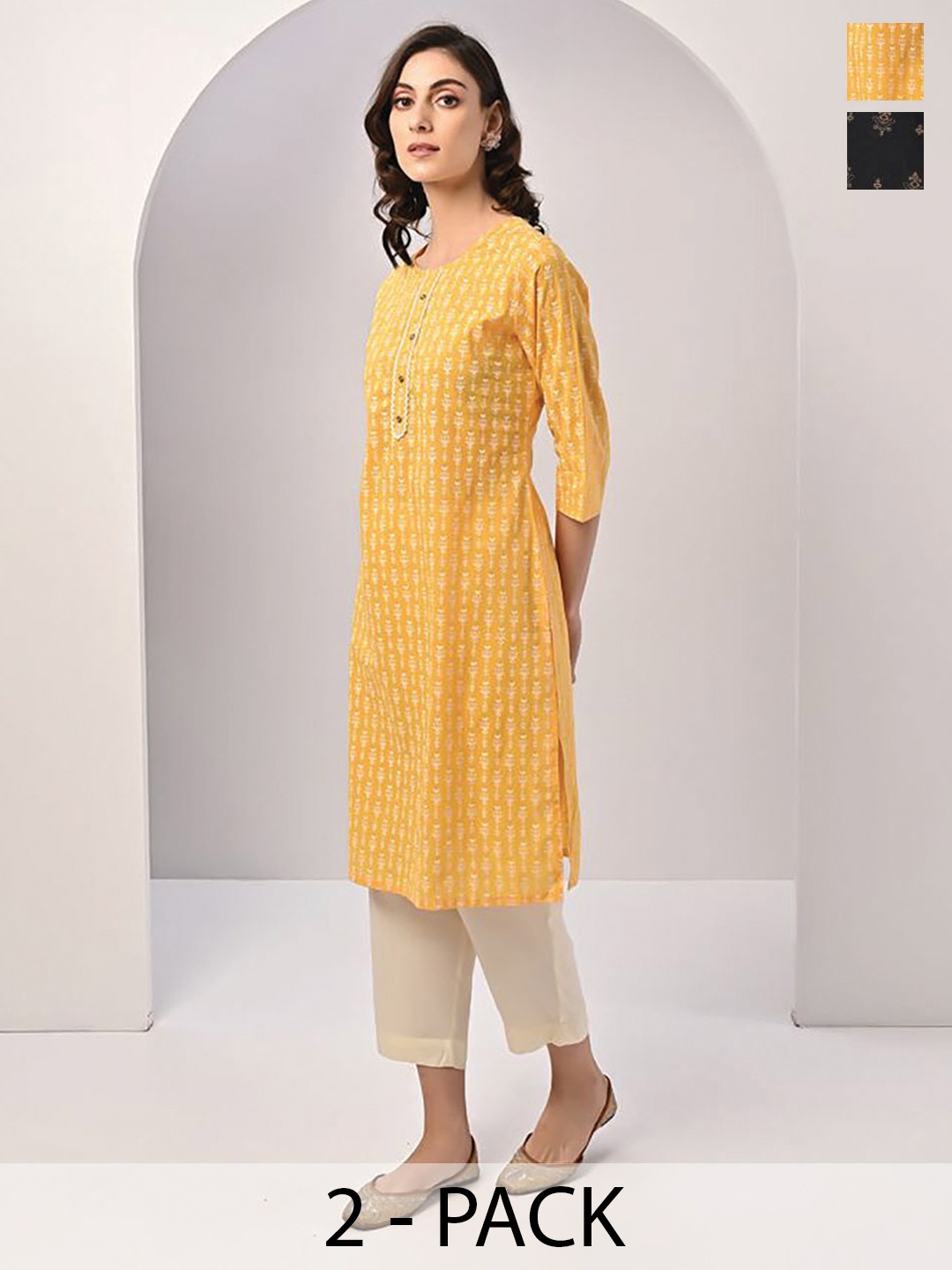 

Rangita Pack Of 2 Ethnic Motifs Printed Notch Neck Straight Cotton Kurta, Mustard