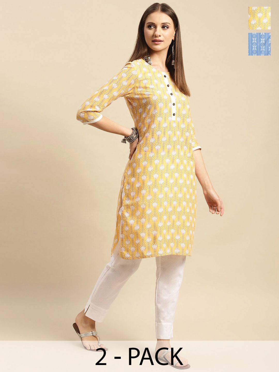 

Rangita Floral Printed Round Neck CottonStraight Kurti, Blue