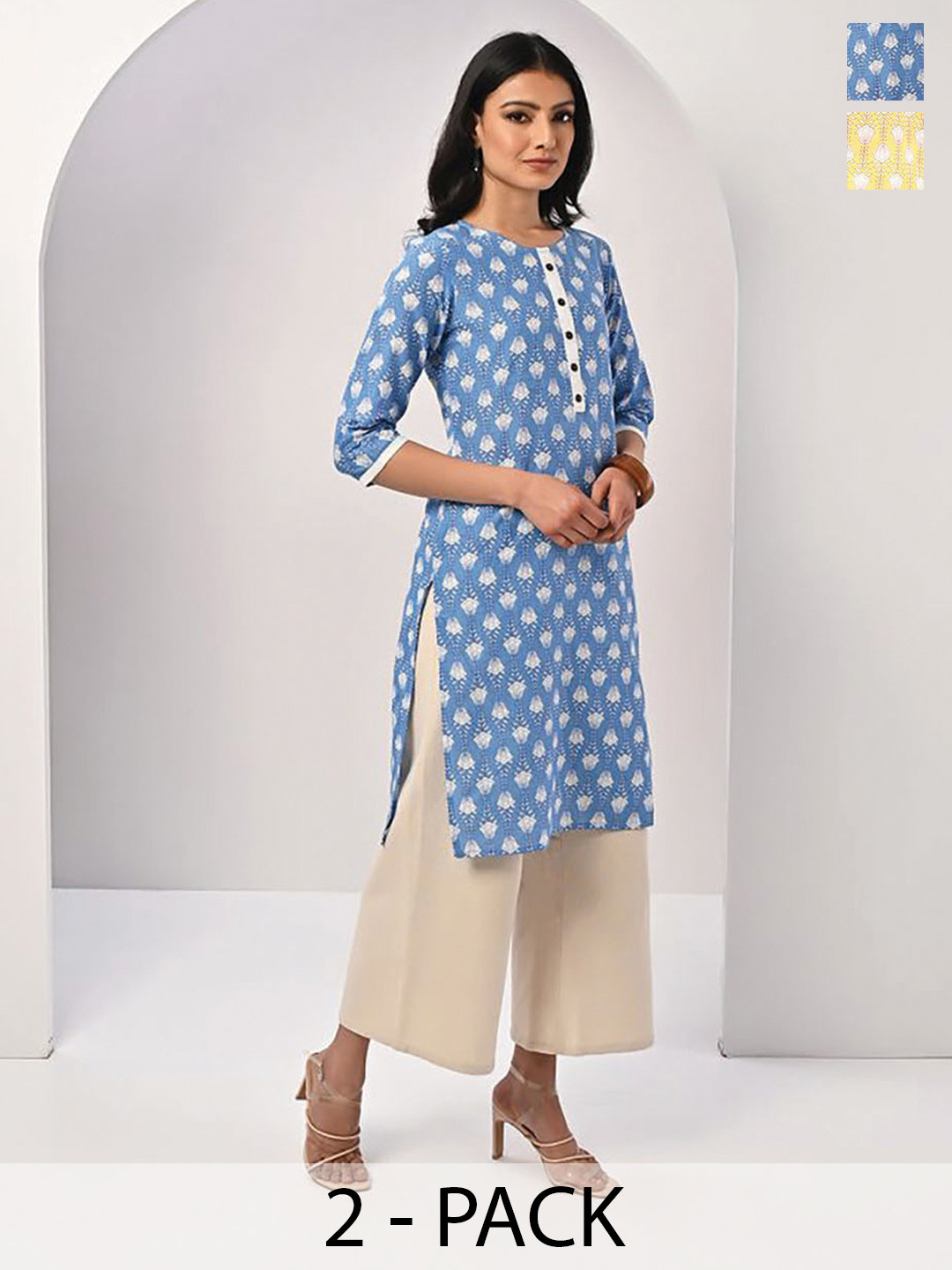 

Rangita Pack of 2 Floral Printed Round Neck Three-Quarter Sleeves Cotton Kurti, Yellow