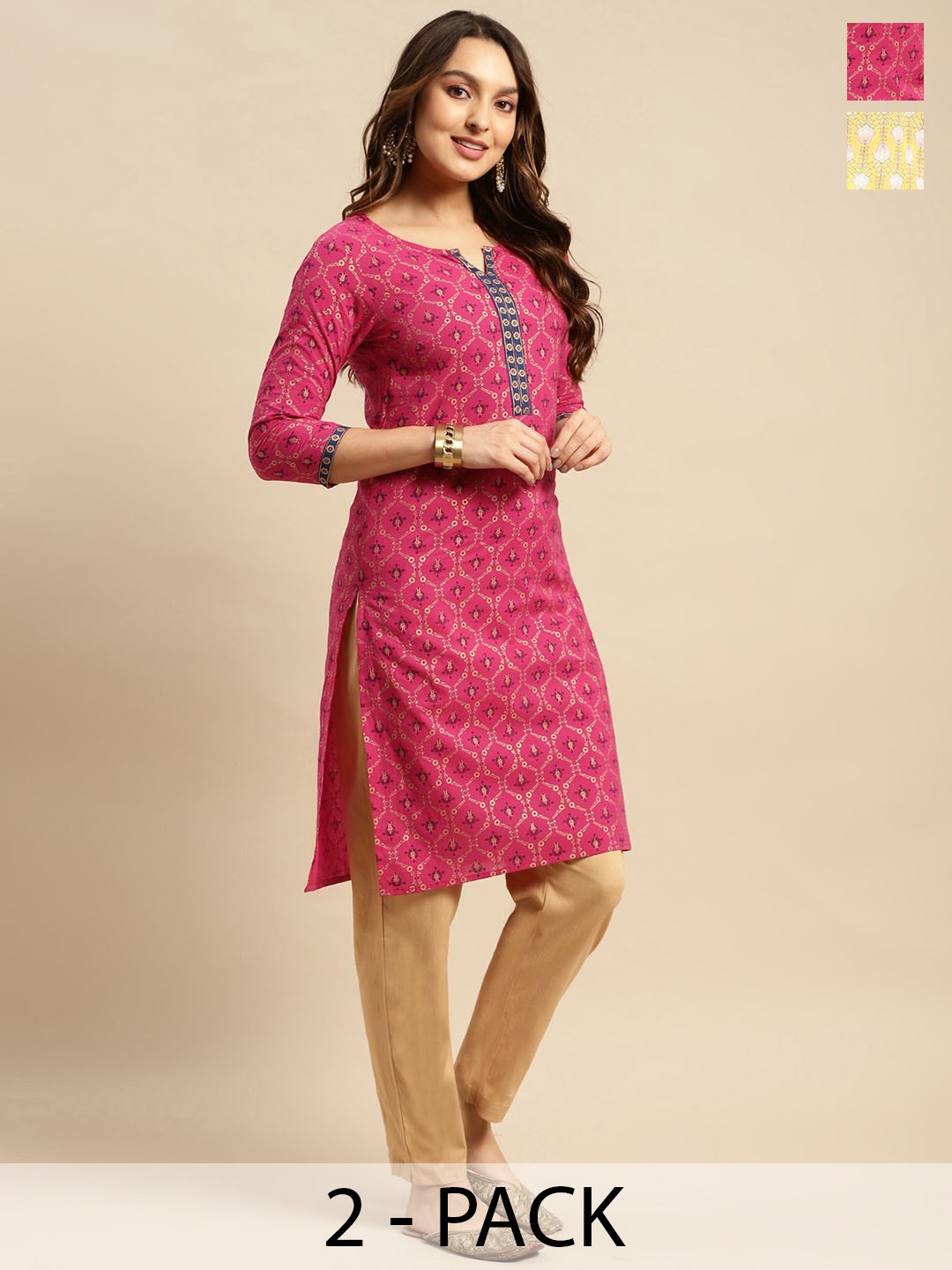 

Rangita Pack of 2 Printed Three-Quarter Sleeves Pure Cotton Kurti, Yellow