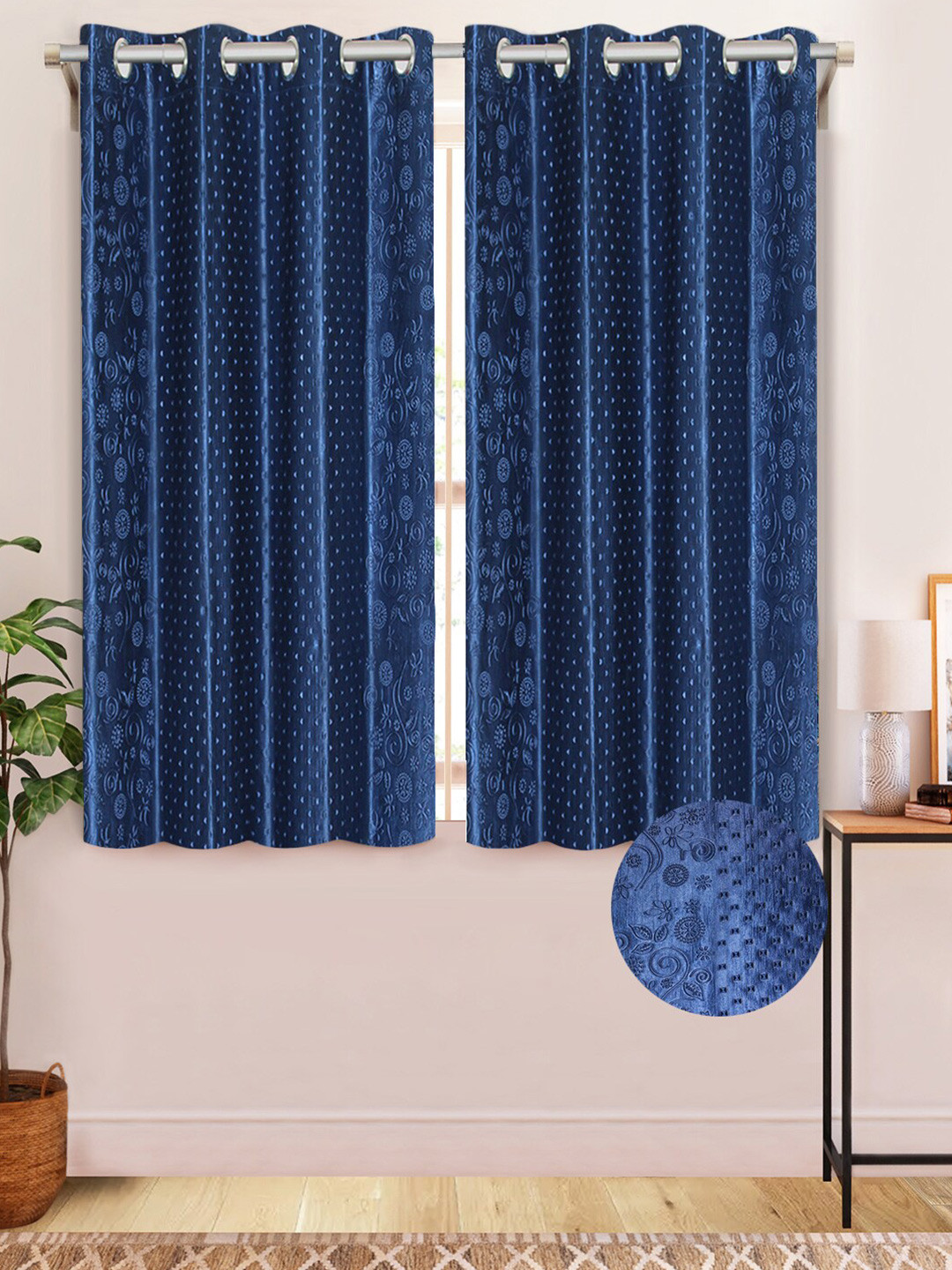 

Aura Blue 2 Pcs Floral Textured Window Curtains