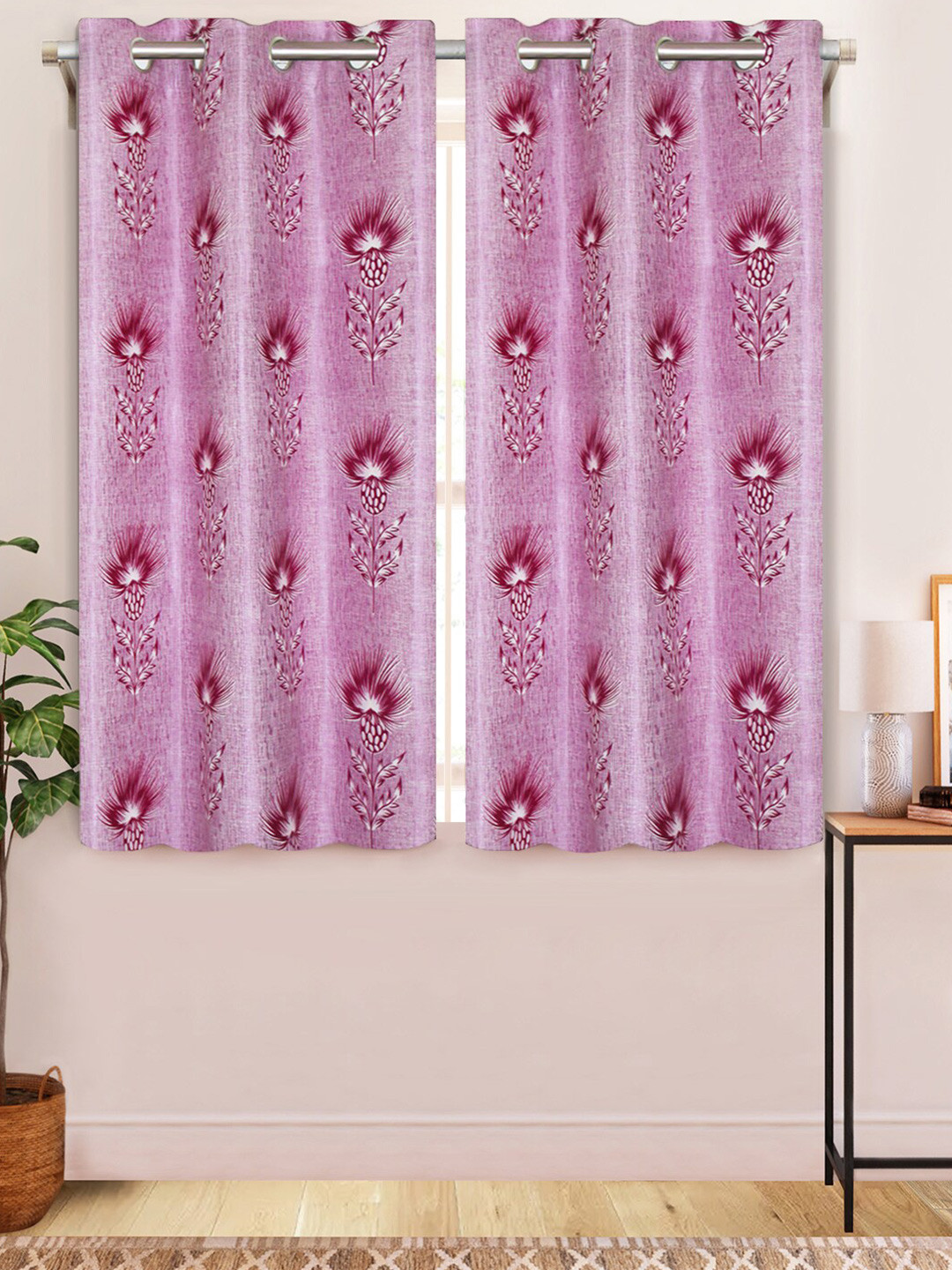 

Aura Pink & White 2 Pcs Floral Printed Window Curtains