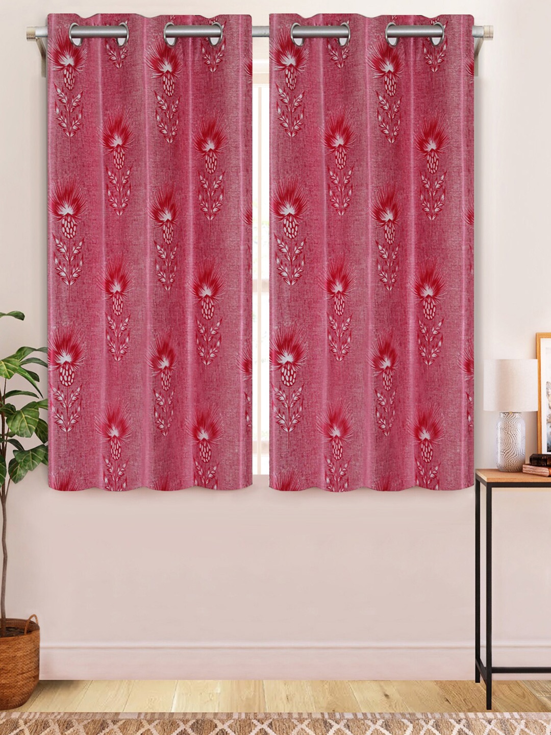 

Aura Red & White 2 Pcs Floral Printed Window Curtains