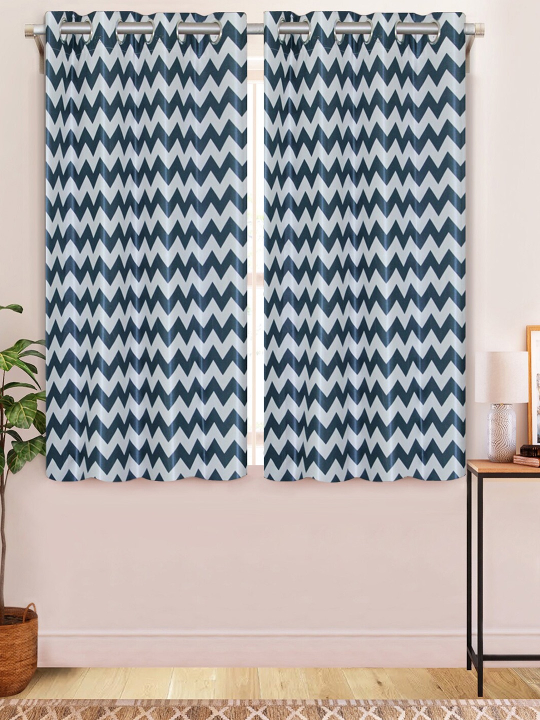 

Aura Blue & White 2 Pcs Striped Printed Window Curtains