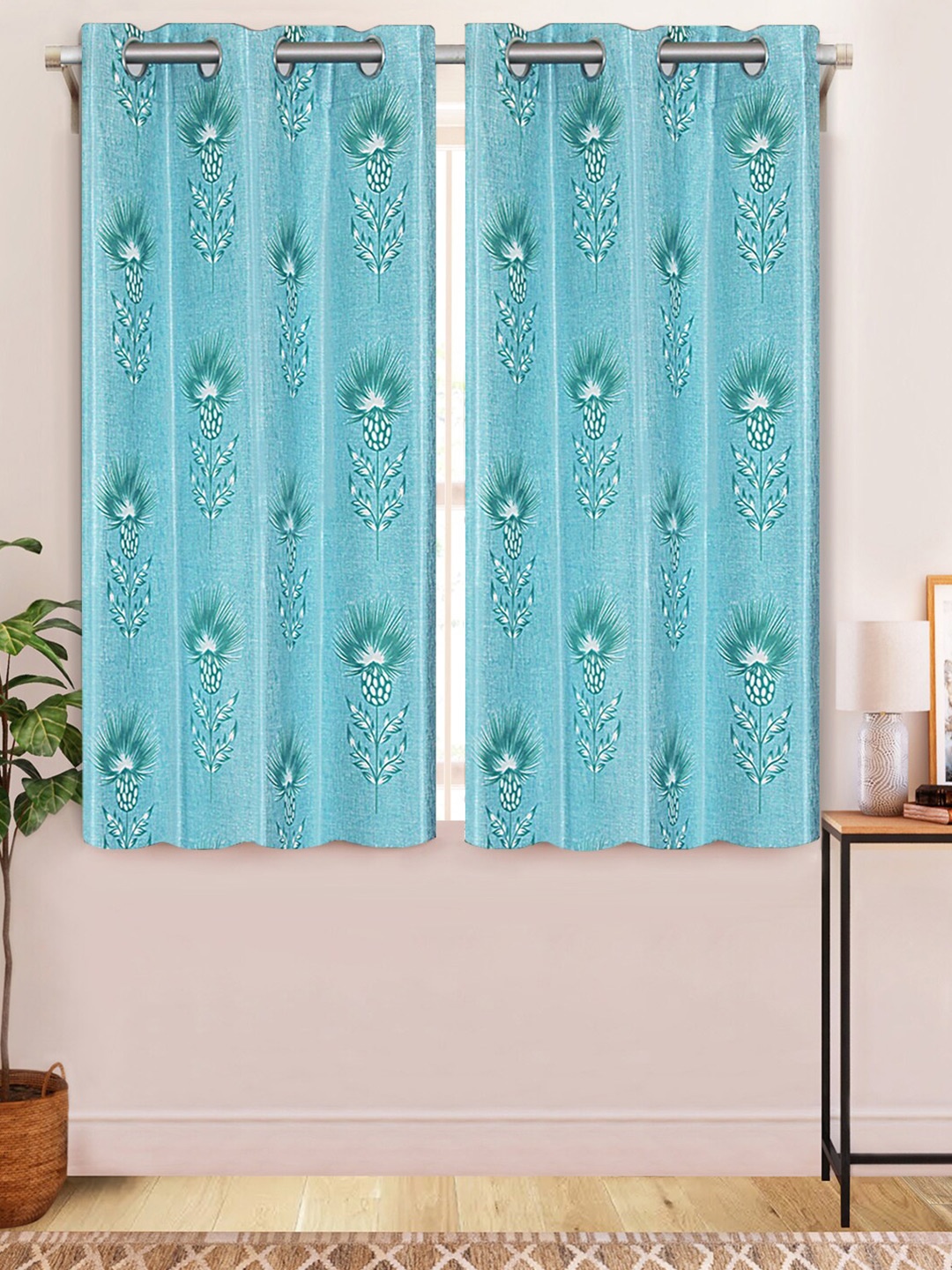 

Aura Blue & White 2 Pcs Floral Printed Window Curtains