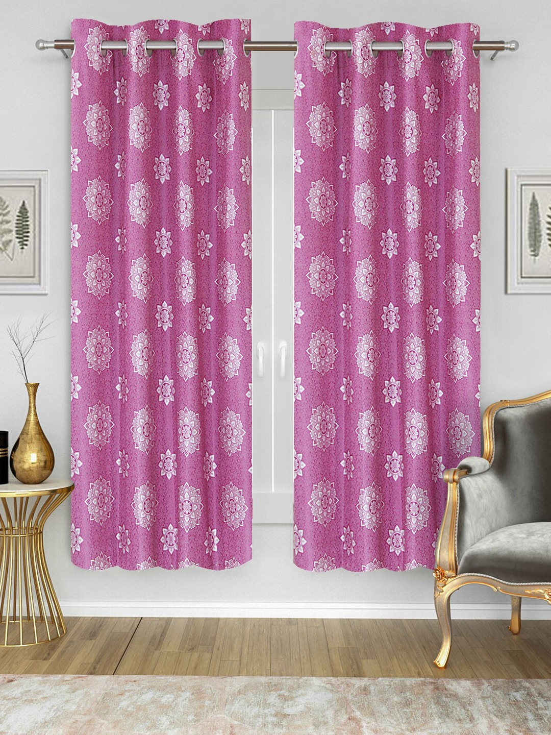 

Aura Pink & White 2 Pcs Floral Printed Window Curtains