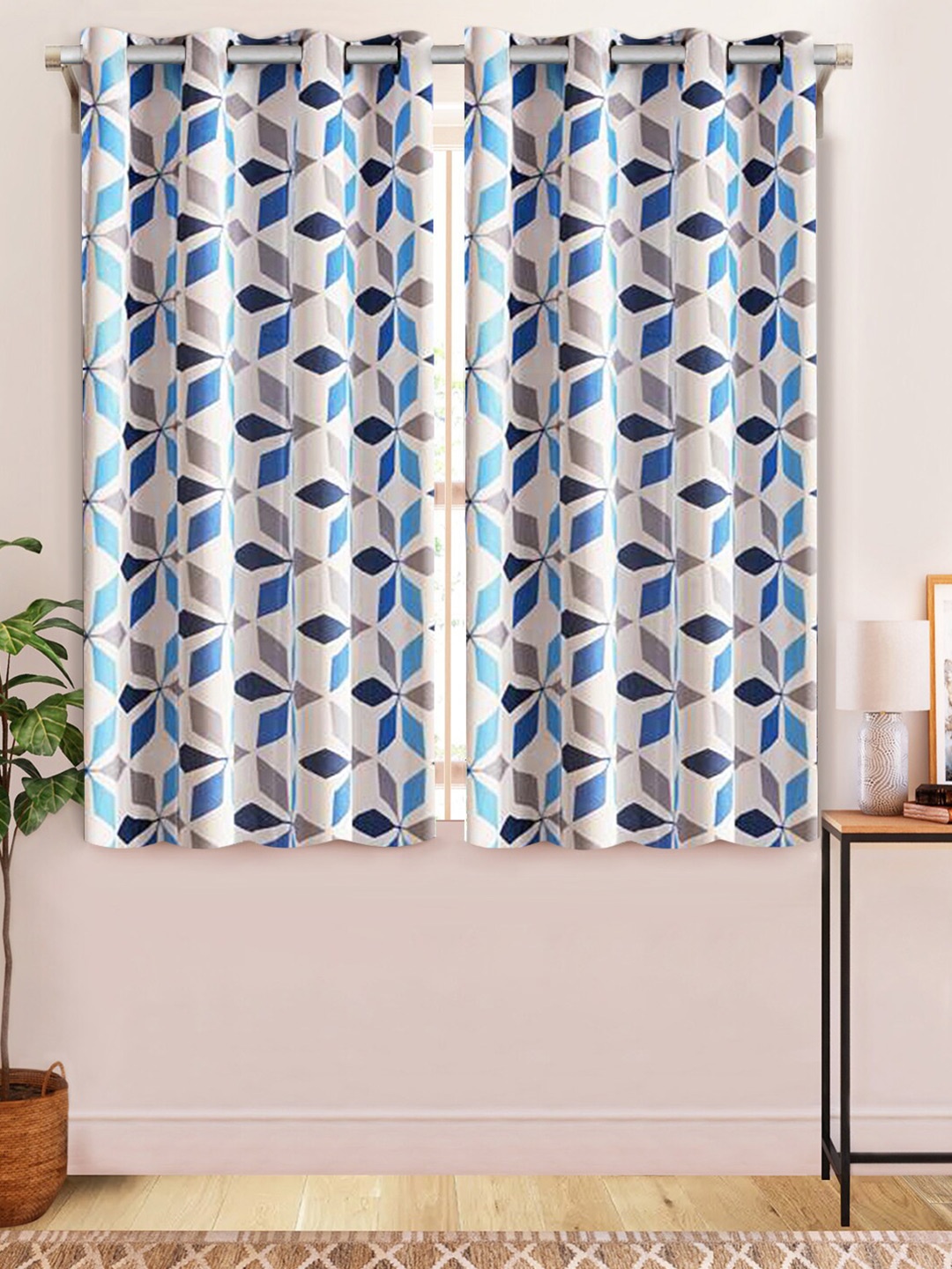 

Aura Blue & White 2 Pcs Geometric Window Curtains