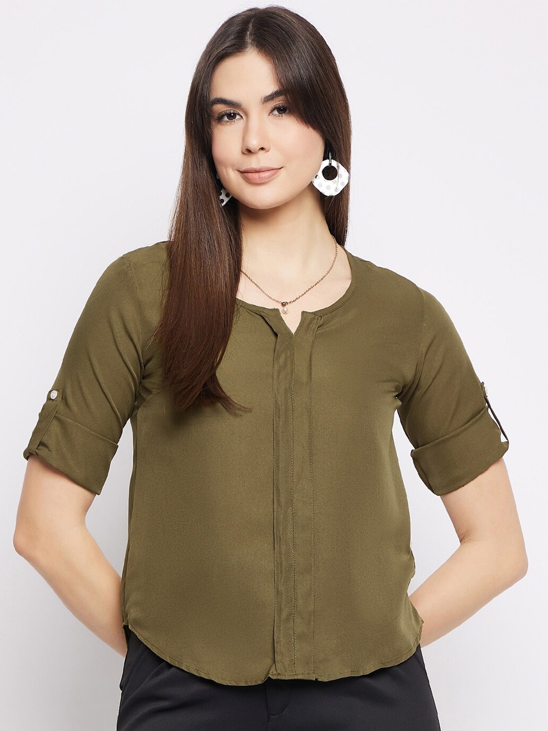 

Mayra Notch Neck Roll-Up Short Sleeves Shirt Style Top, Olive