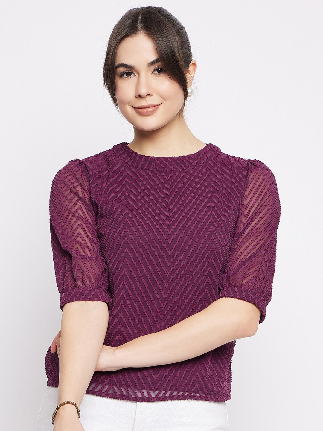 

Mayra Self Design Puff Sleeve Casual Top, Purple