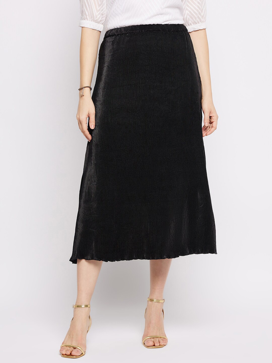 

Mayra Striped Satin A-Line Midi Skirt, Black