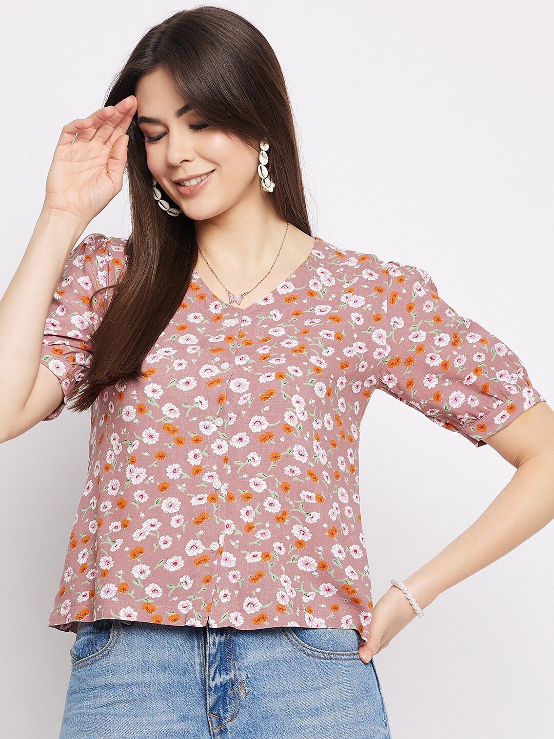 

Mayra Floral Print V-Neck Casual Top, Beige