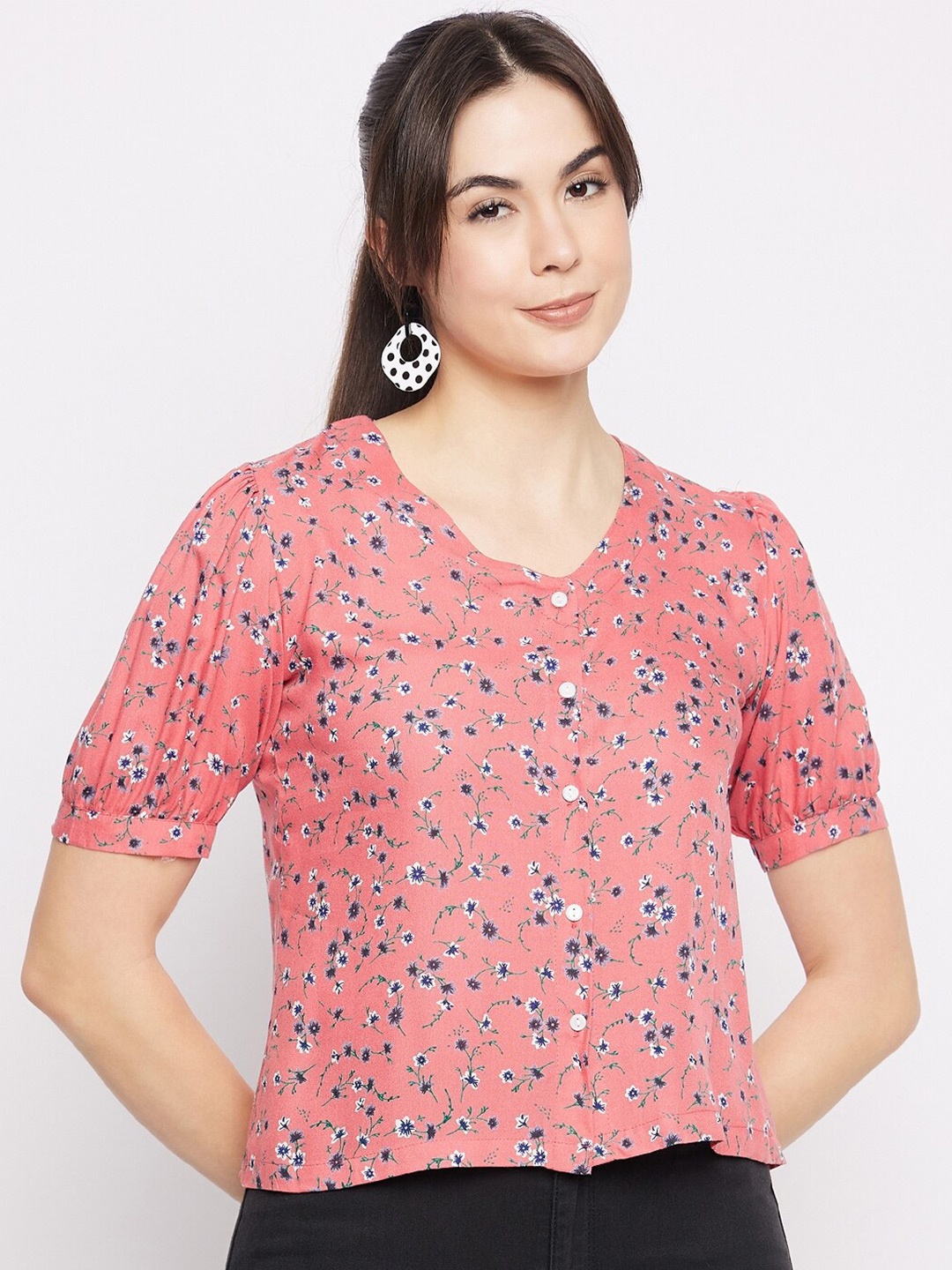 

Mayra Floral Print V-Neck Casual Top, Pink