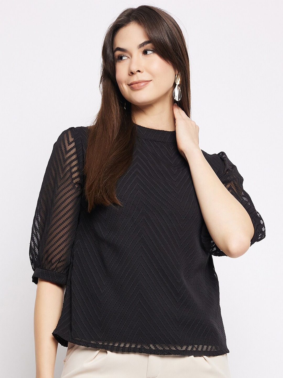 

Mayra Round Neck Puff Sleeve Three-Quarter Sleeves Top, Black