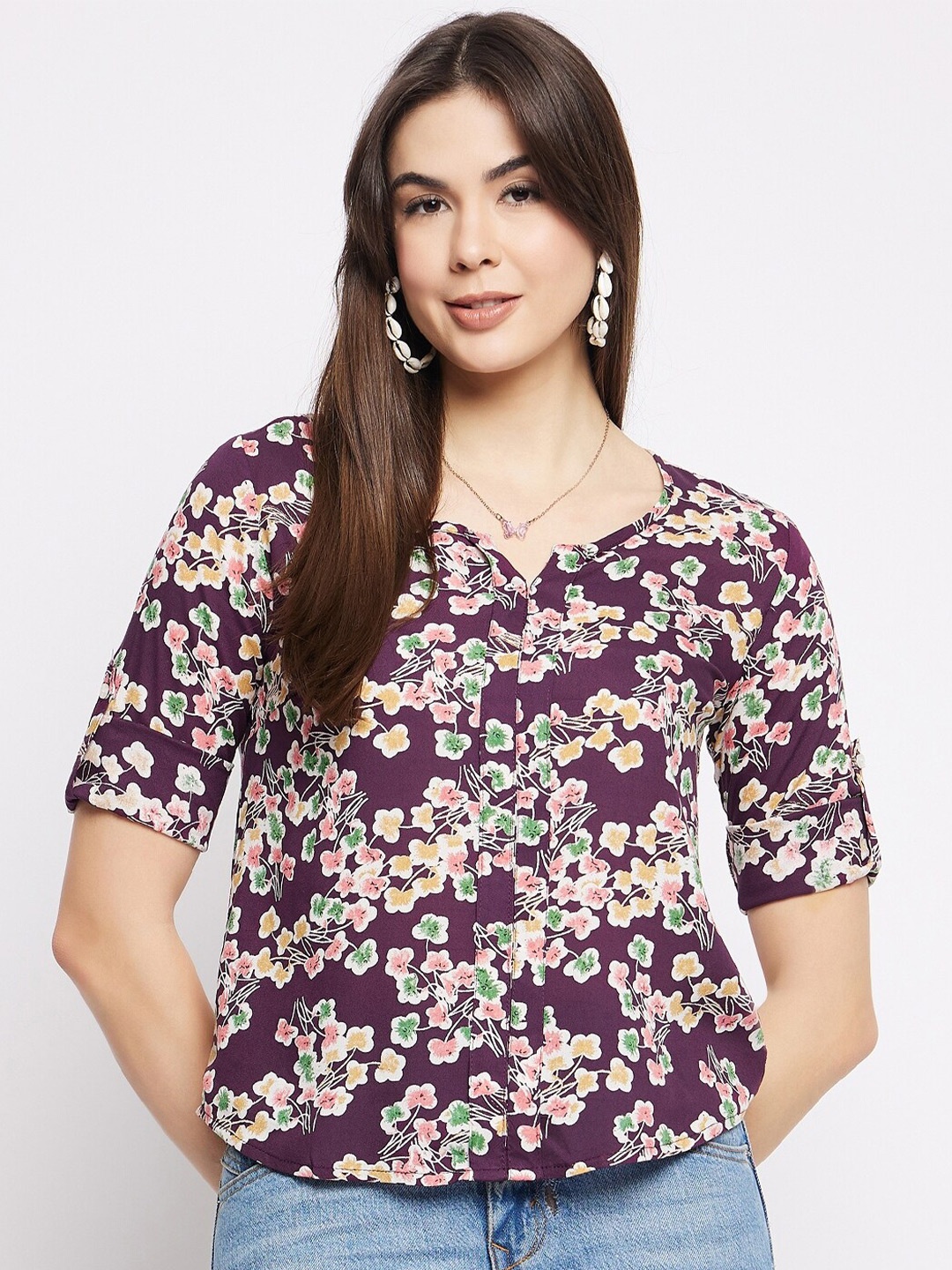 

Mayra V-neck Short Sleeves Floral Print Top, Maroon