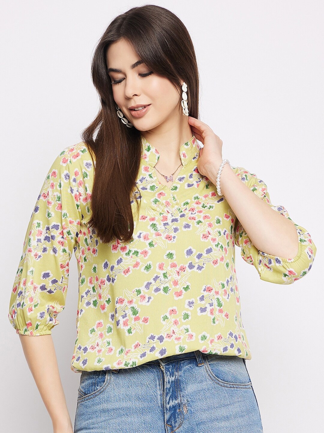 

Mayra Floral Print Band Collar Puff Sleeve Top, Green