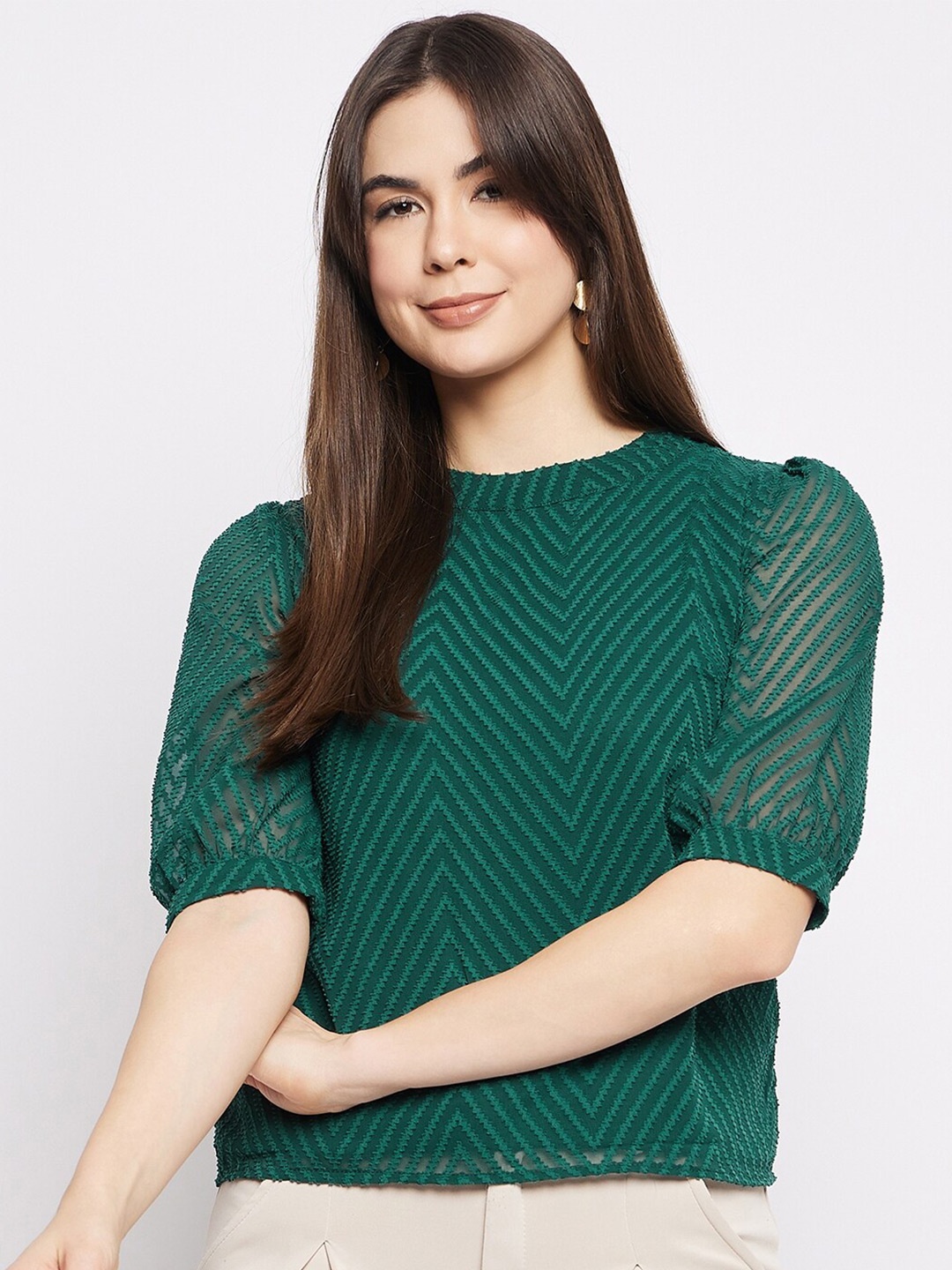 

Mayra Self Design Embroidered Puff Sleeve Blouson Top, Green