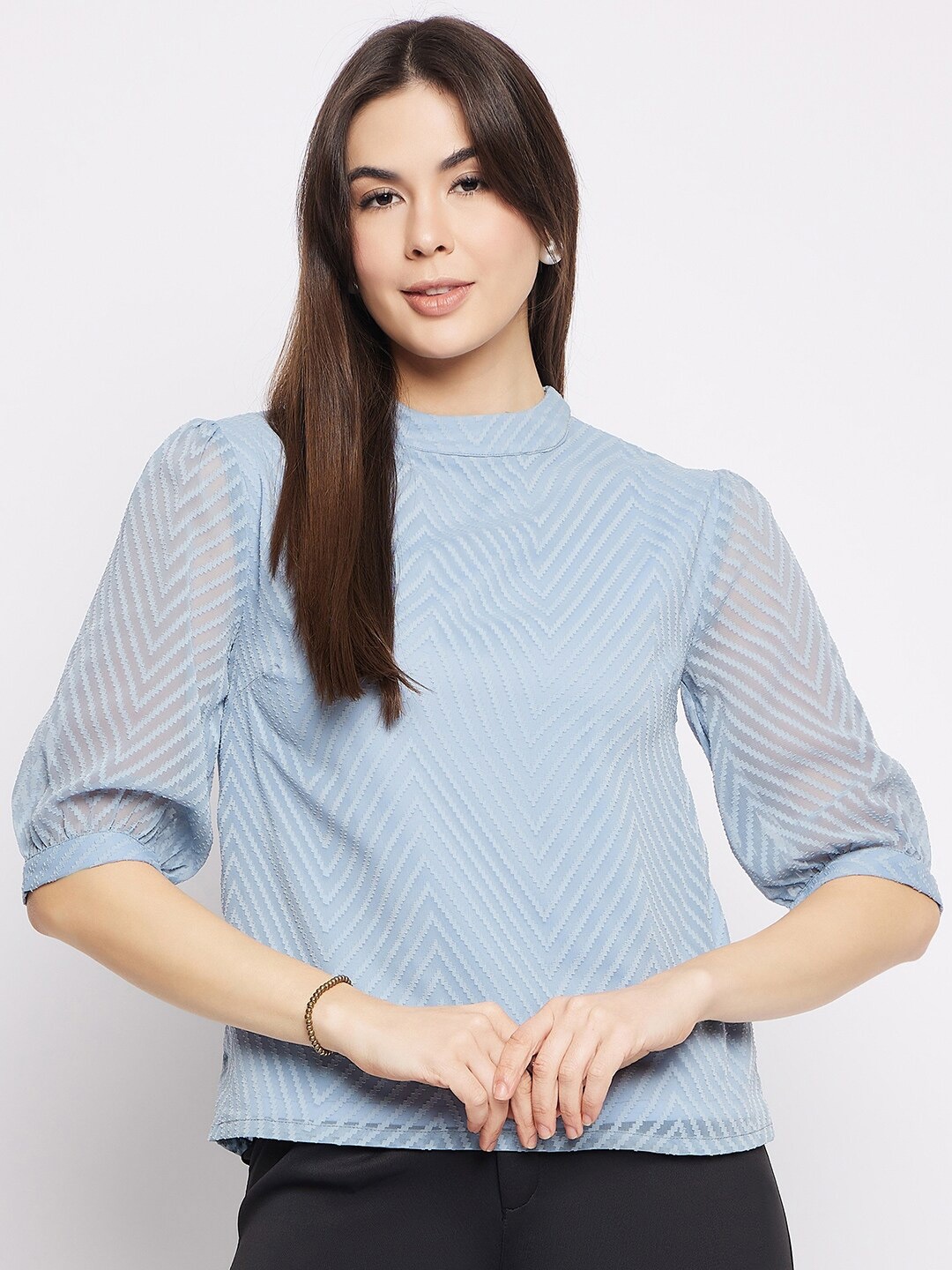 

Mayra Self Design Striped Puff Sleeve Top, Blue